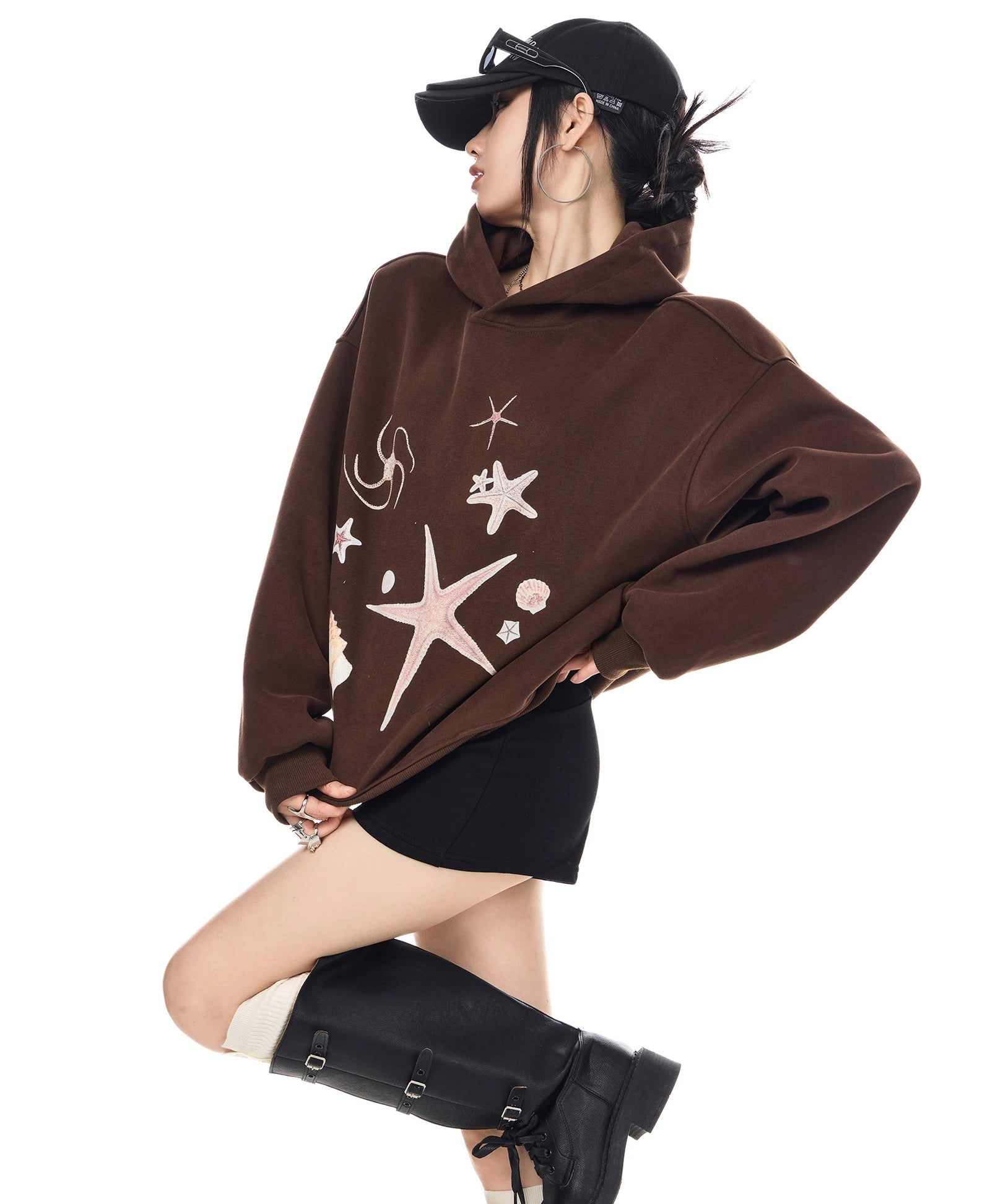 ICH MODE 美式复古海星连帽卫衣女秋冬新款重磅帽衫宽松运动上衣