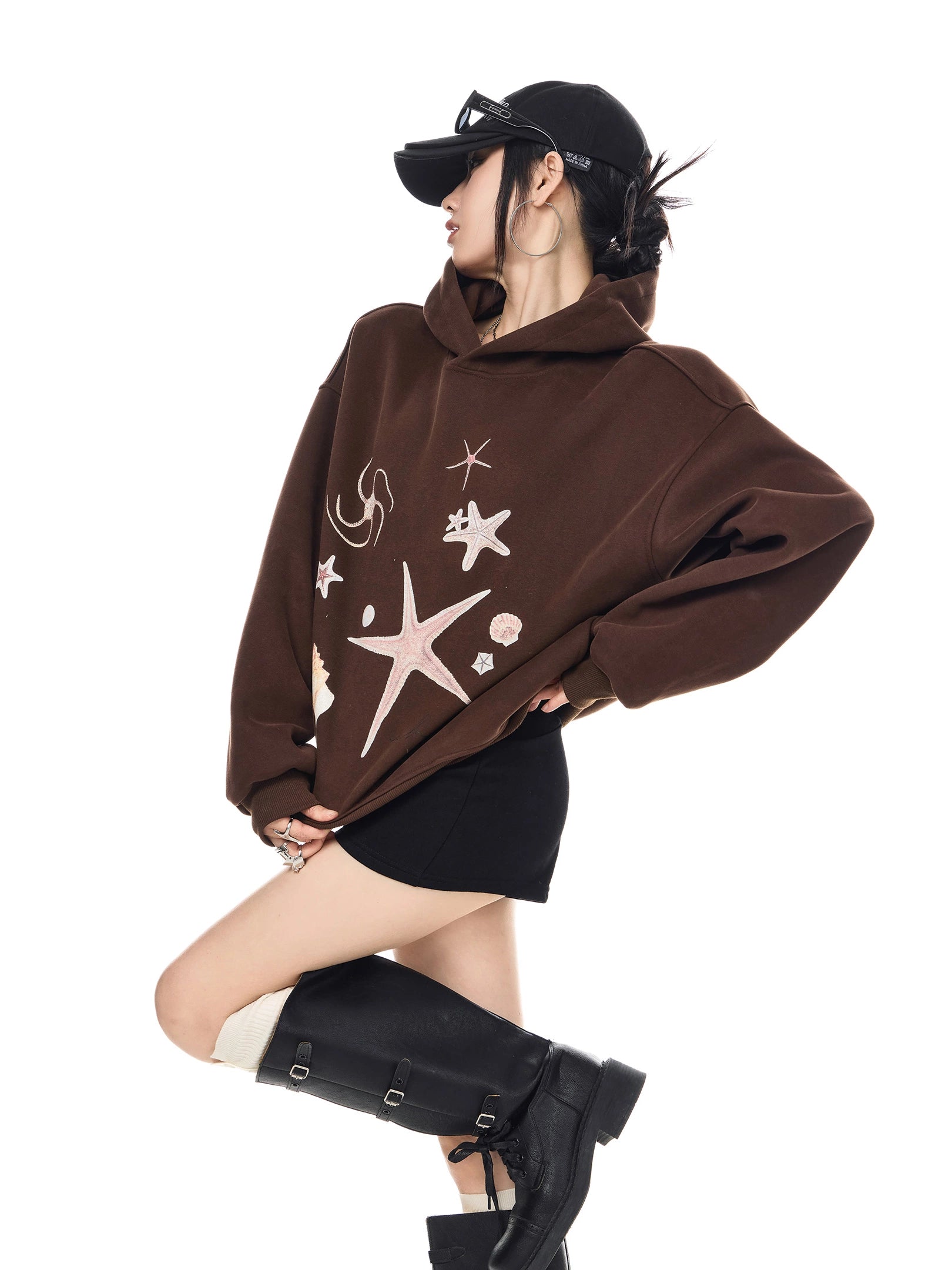 ICH MODE 美式复古海星连帽卫衣女秋冬新款重磅帽衫宽松运动上衣