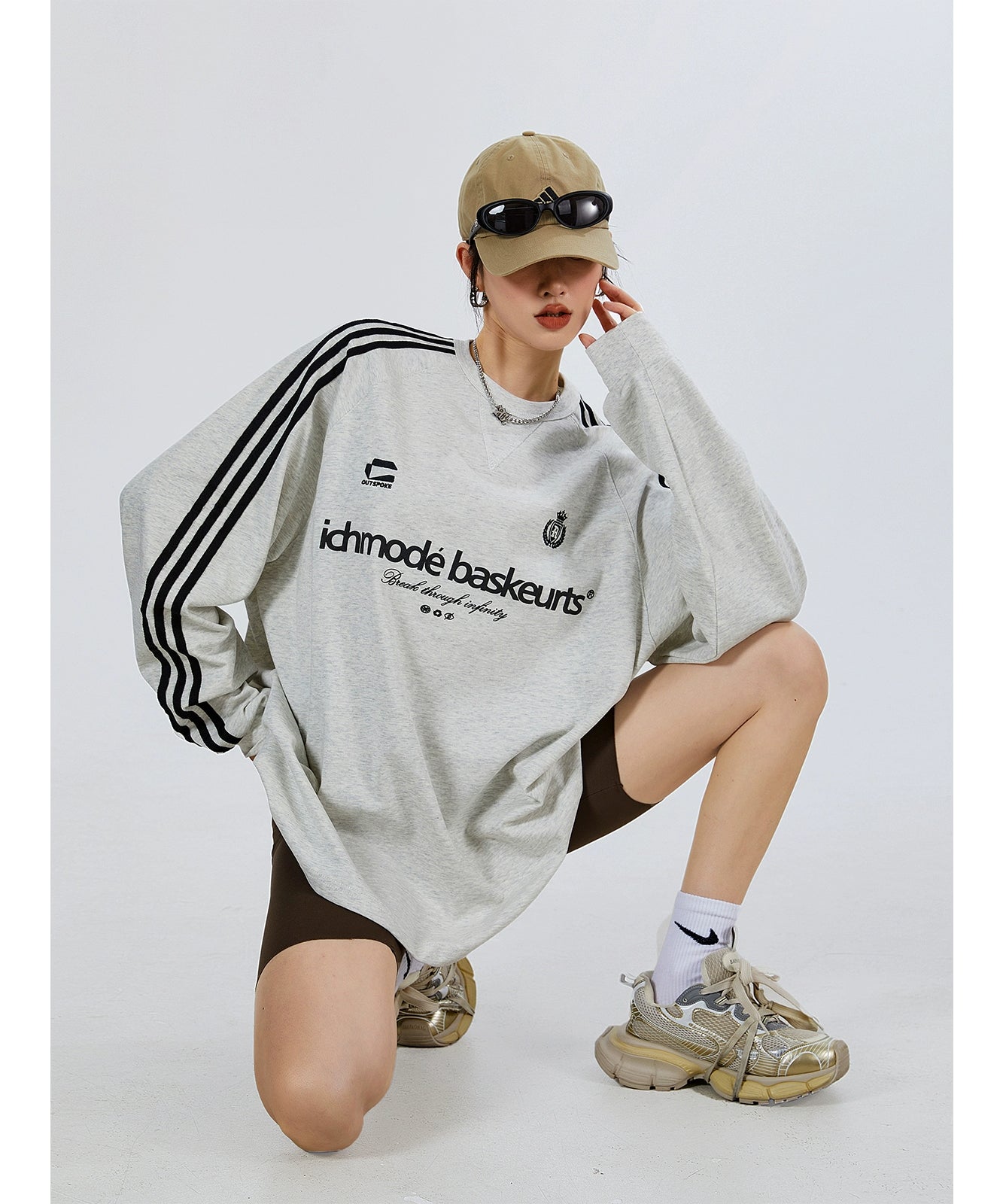 ICH MODE 270G美式复古条纹长袖T恤潮牌街头宽松休闲运动上衣女秋