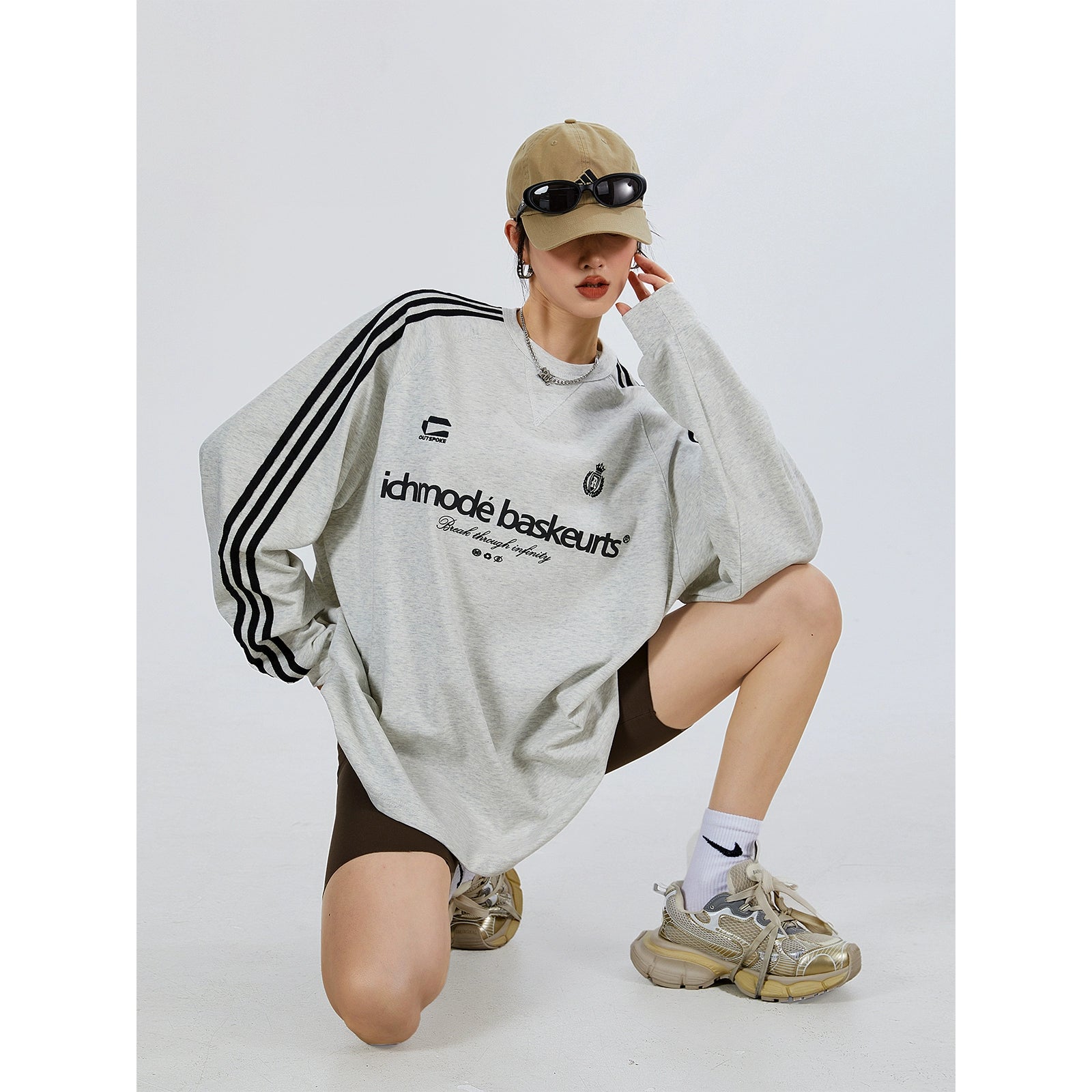 ICH MODE 270G美式复古条纹长袖T恤潮牌街头宽松休闲运动上衣女秋