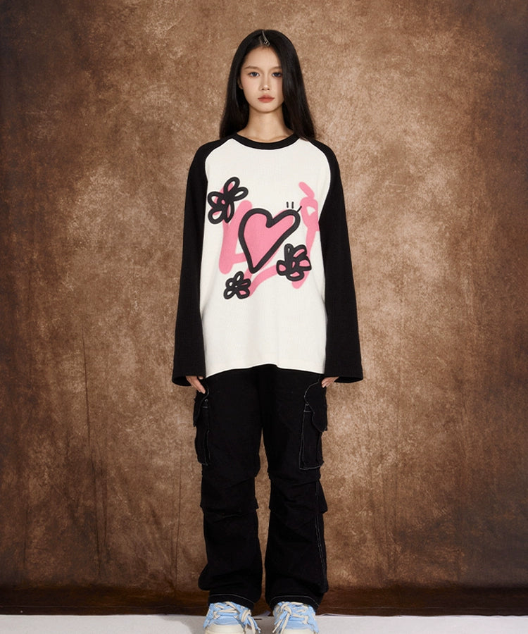 eeeeArtmonster爱心华夫格长袖男女潮流秋季美式宽松T恤ins上衣