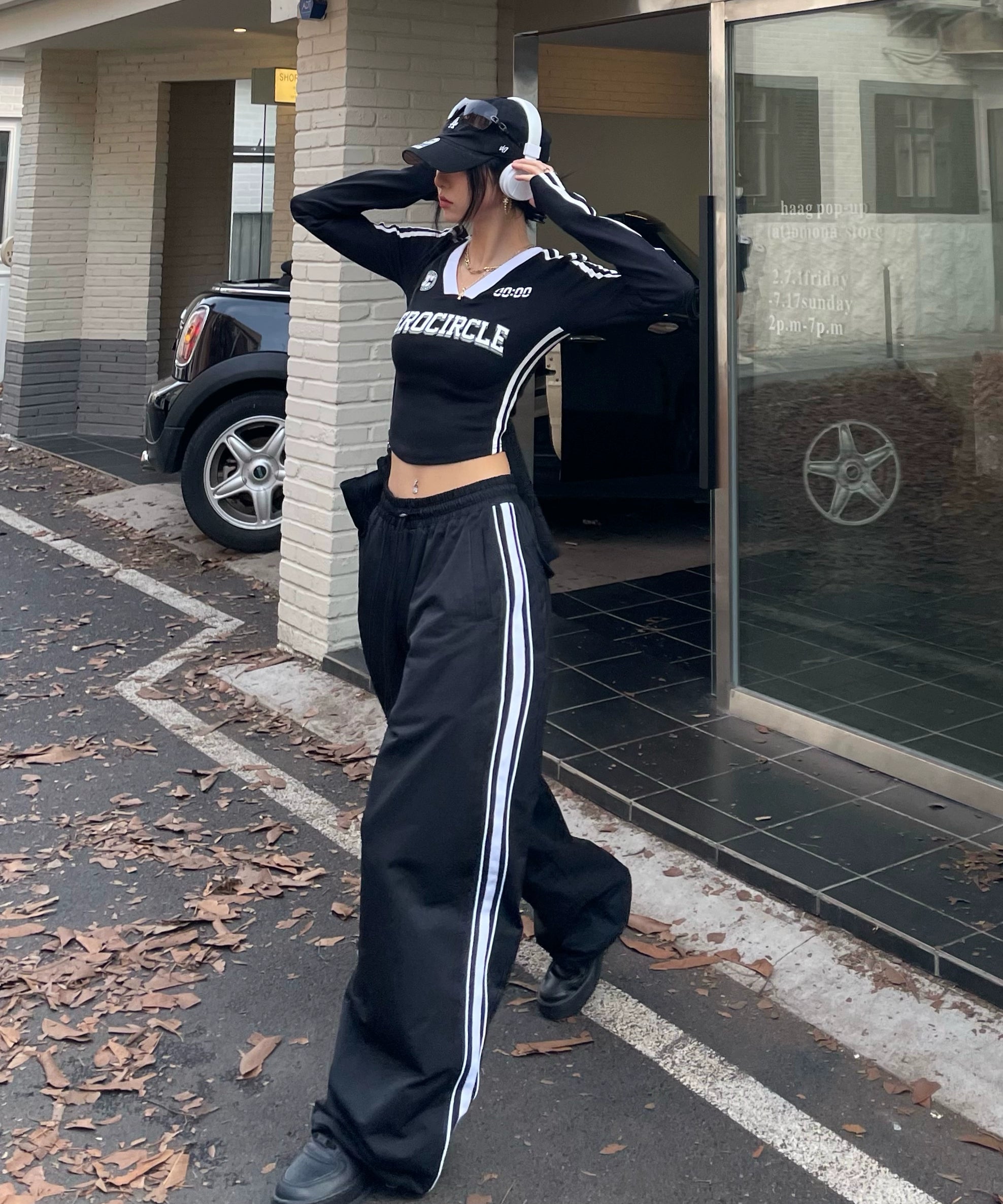 野生zerocircle黑色运动裤女春夏季美式直筒宽松休闲阔腿冲锋裤子