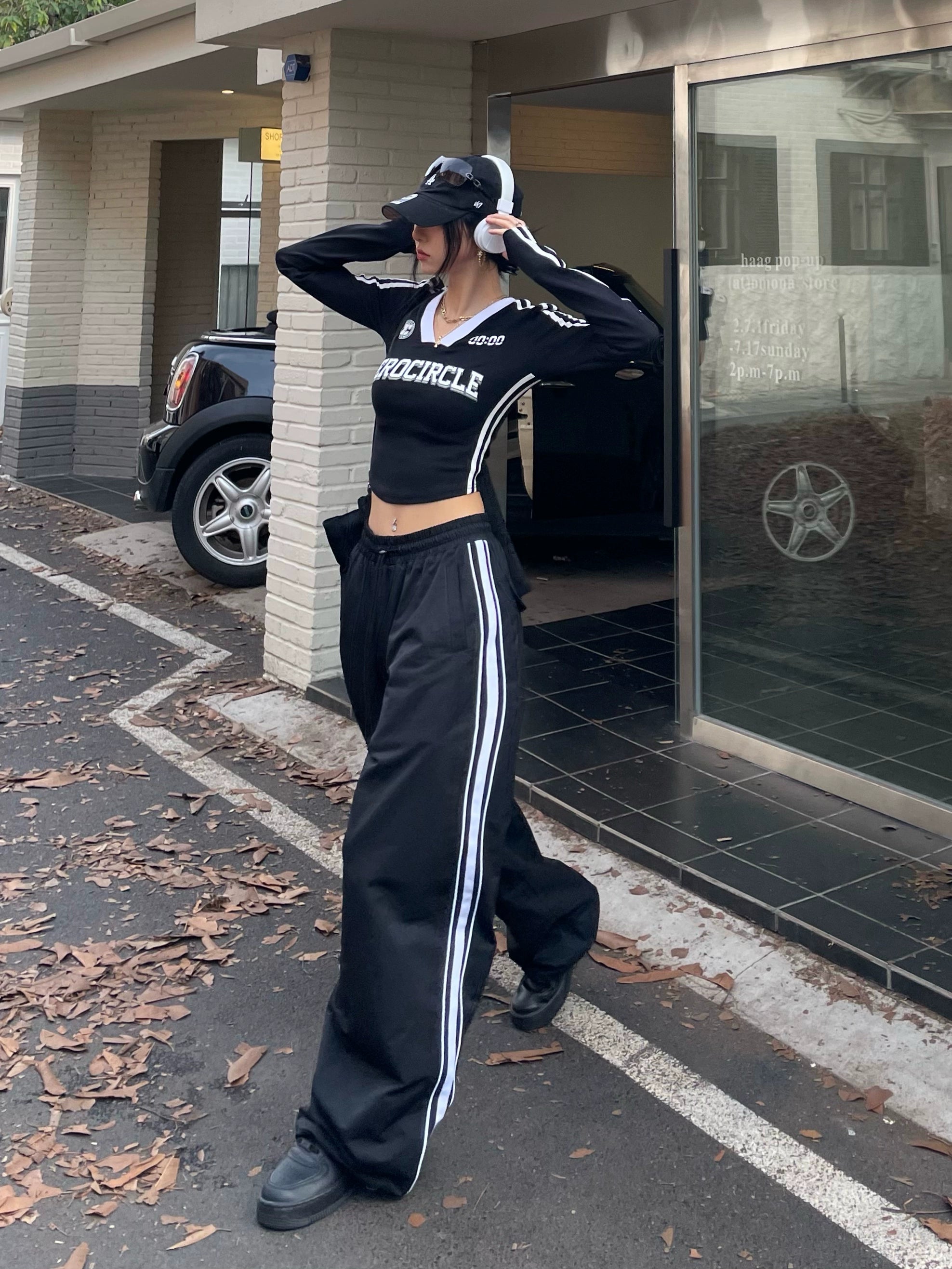 野生zerocircle黑色运动裤女春夏季美式直筒宽松休闲阔腿冲锋裤子