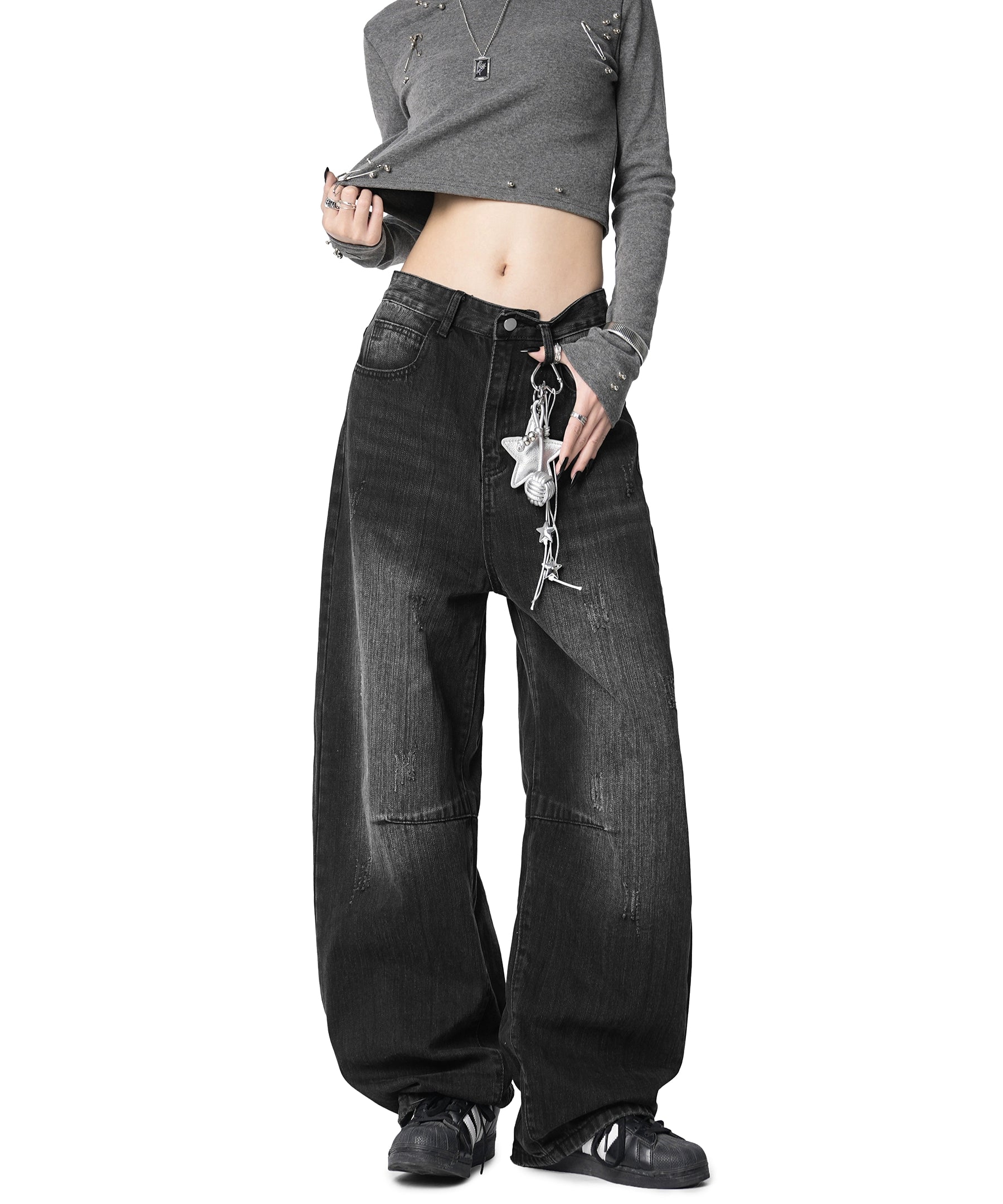 ICH MODE 美式复古水洗牛仔裤女休闲宽松直筒裤弯刀阔腿裤运动裤