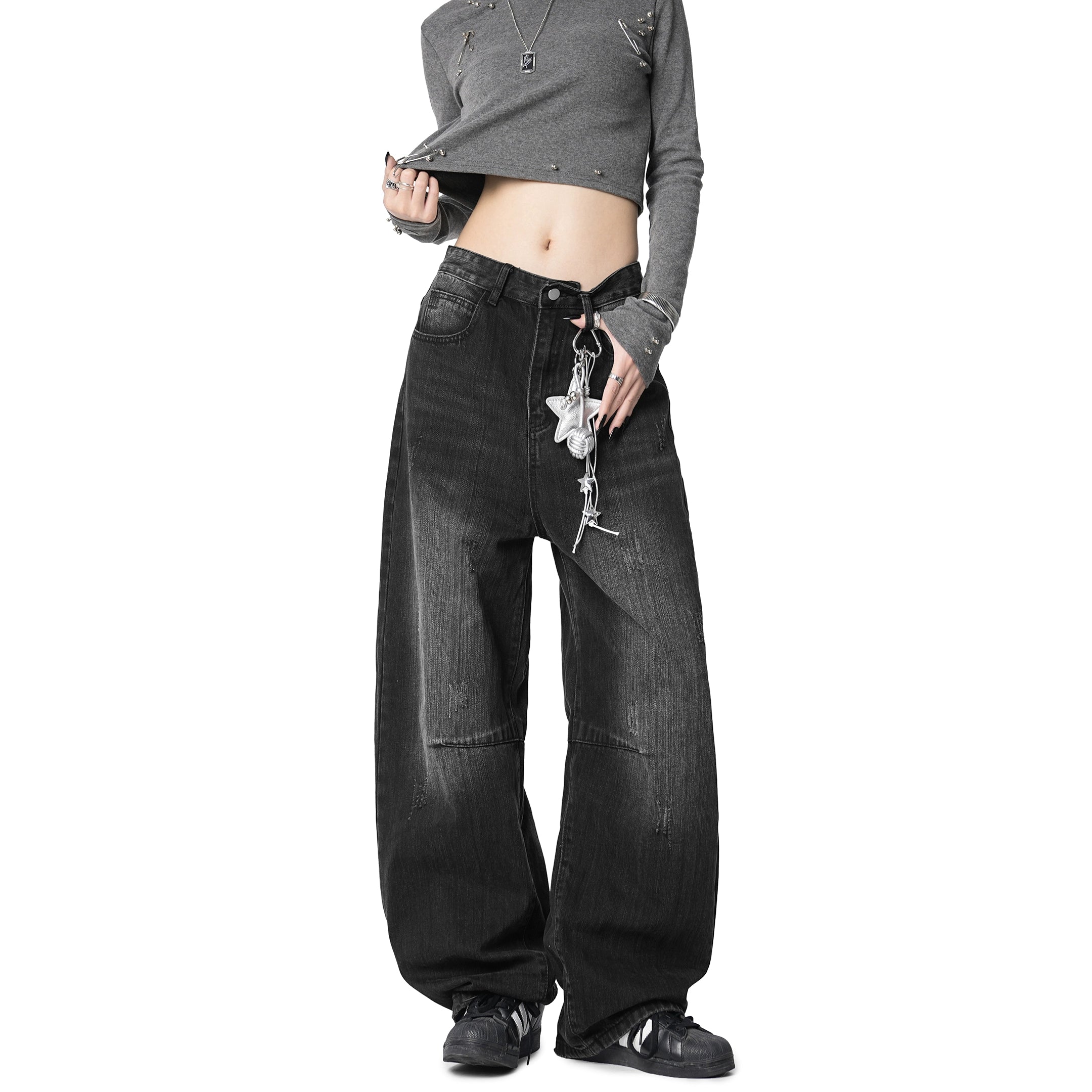 ICH MODE 美式复古水洗牛仔裤女休闲宽松直筒裤弯刀阔腿裤运动裤