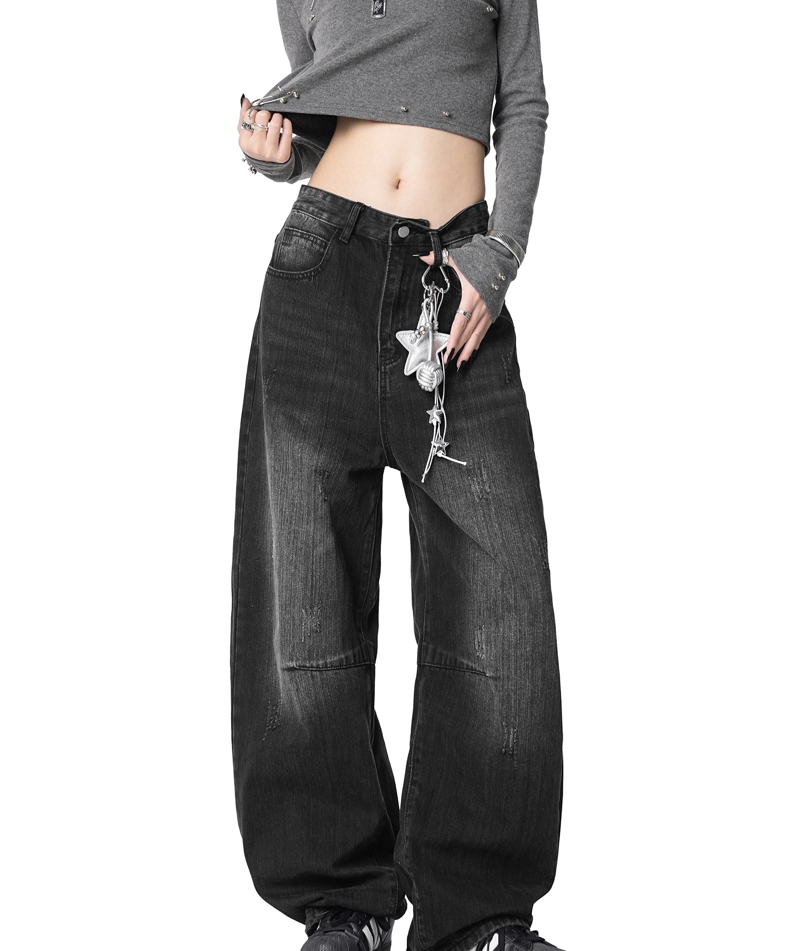 ICH MODE 美式复古水洗牛仔裤女休闲宽松直筒裤弯刀阔腿裤运动裤