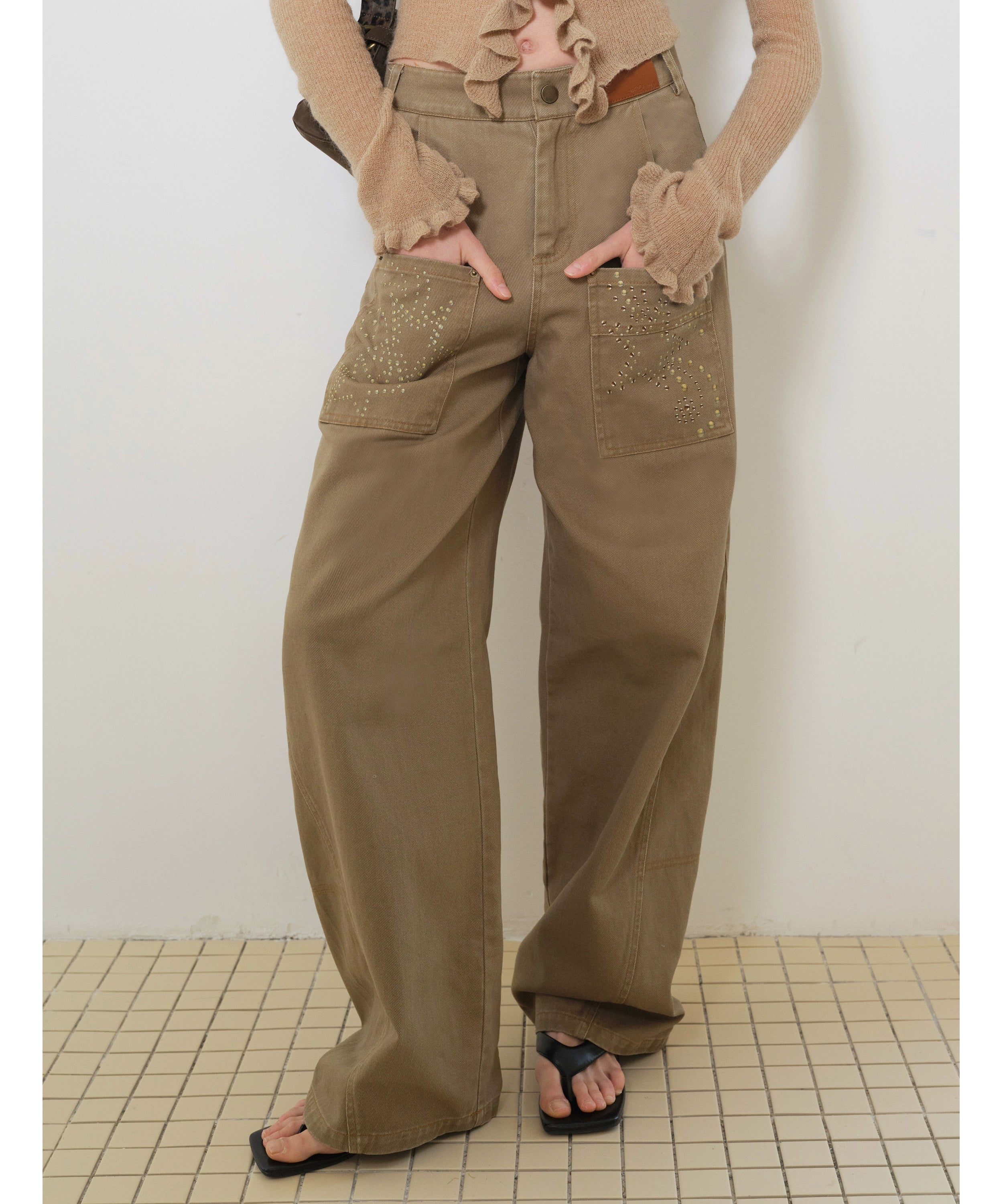 2th Desire复古水洗做旧撞色星星印花植绒廓形弯刀阔腿牛仔裤女