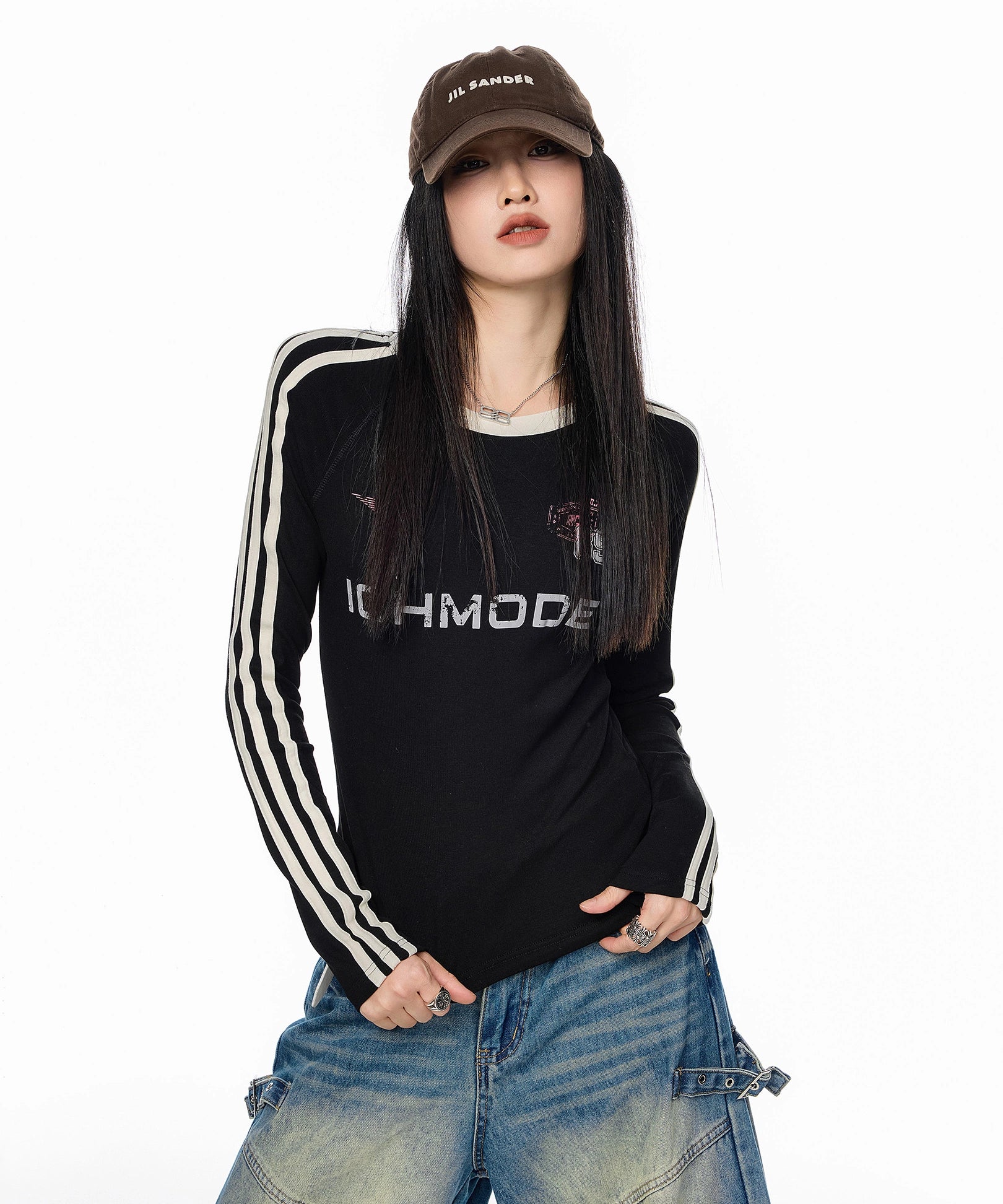 ICH MODE 美式复古正肩长袖T恤女秋冬新款修身运动正肩上衣打底衫