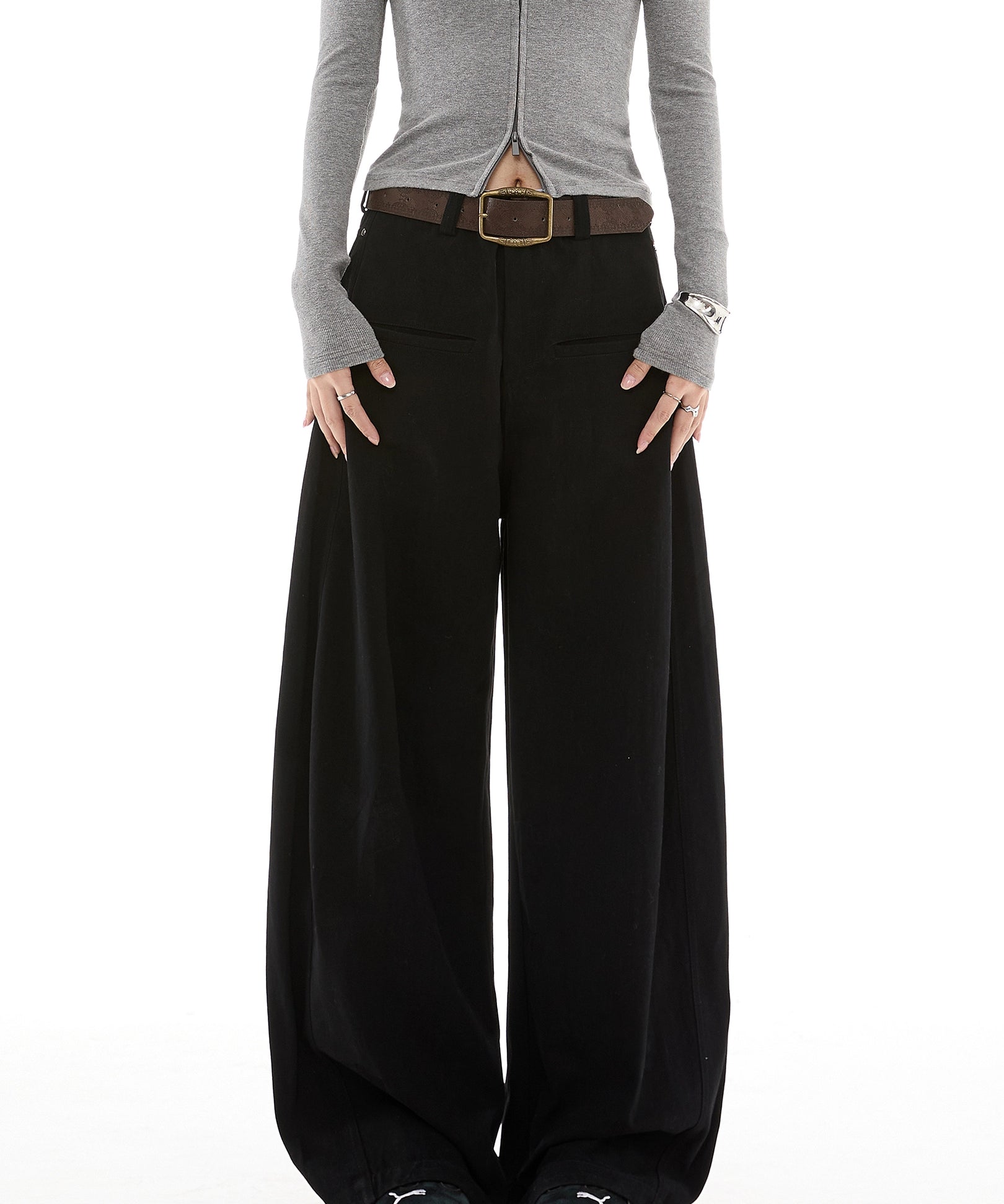 ICH MODE 美式复古卡其色休闲裤女直筒宽松阔腿裤运动裤百搭裤子