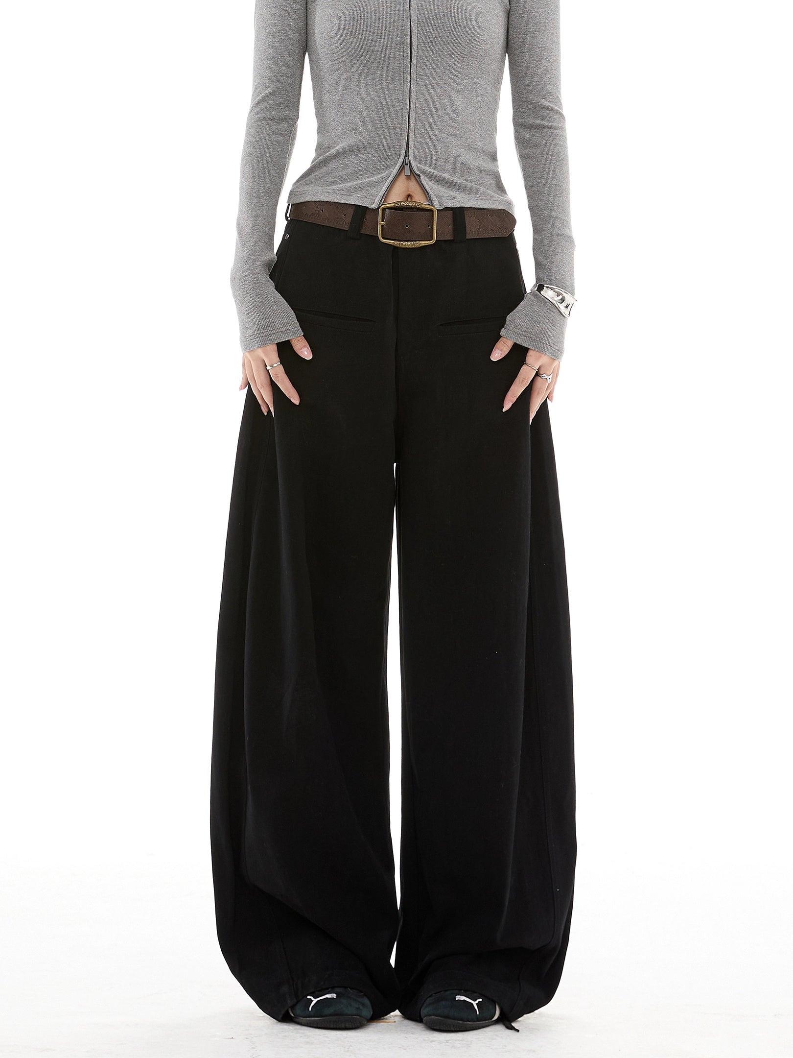 ICH MODE 美式复古卡其色休闲裤女直筒宽松阔腿裤运动裤百搭裤子