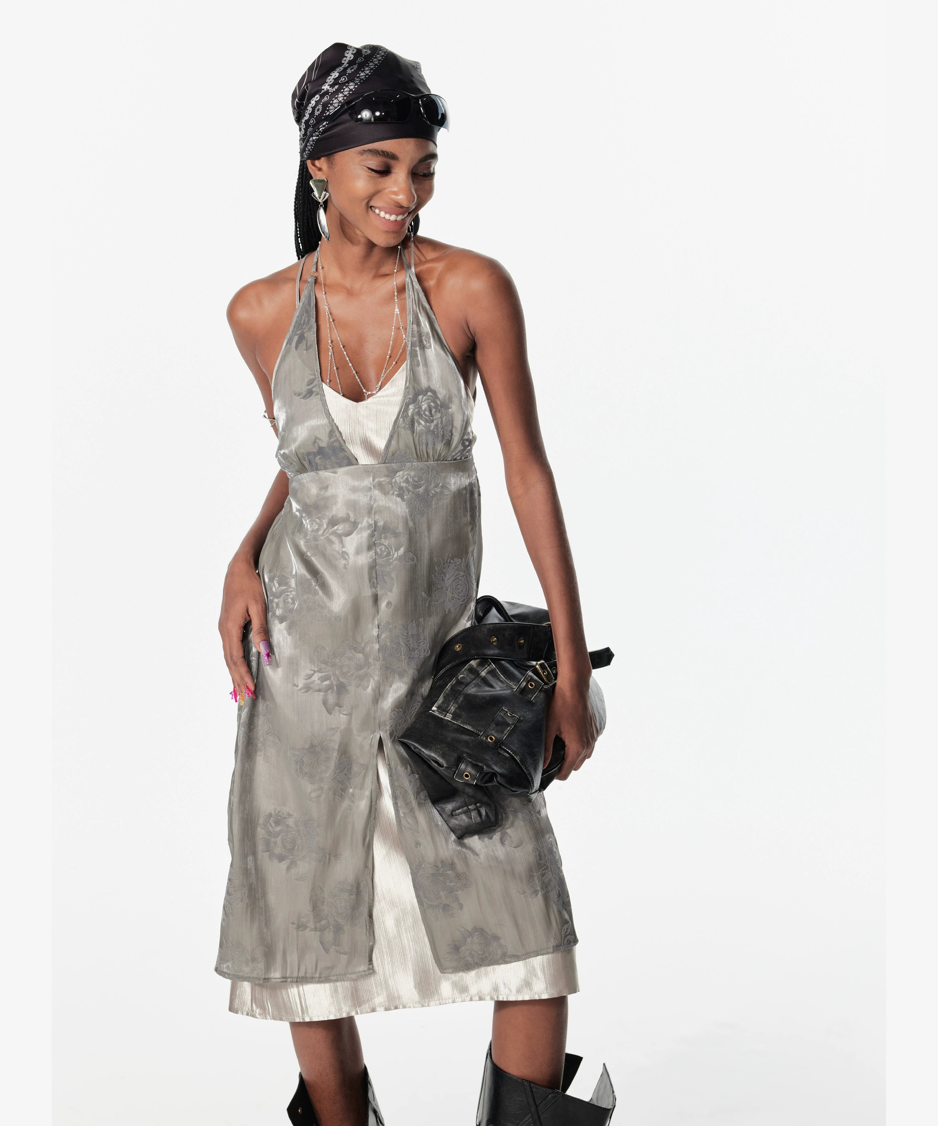 2th Desire假两件双层银丝花边绑带无袖露背度假风吊带裙连衣裙女