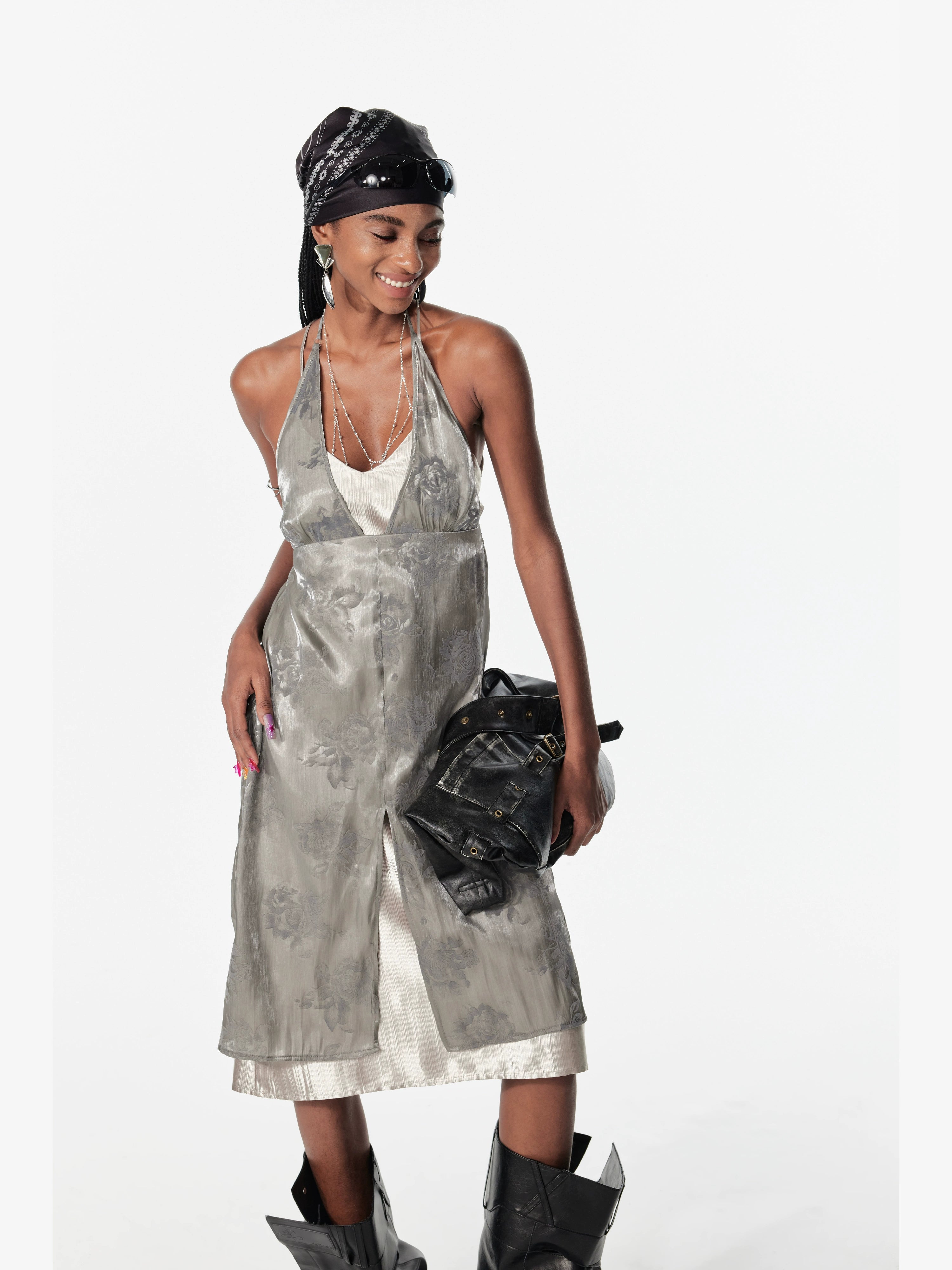 2th Desire假两件双层银丝花边绑带无袖露背度假风吊带裙连衣裙女