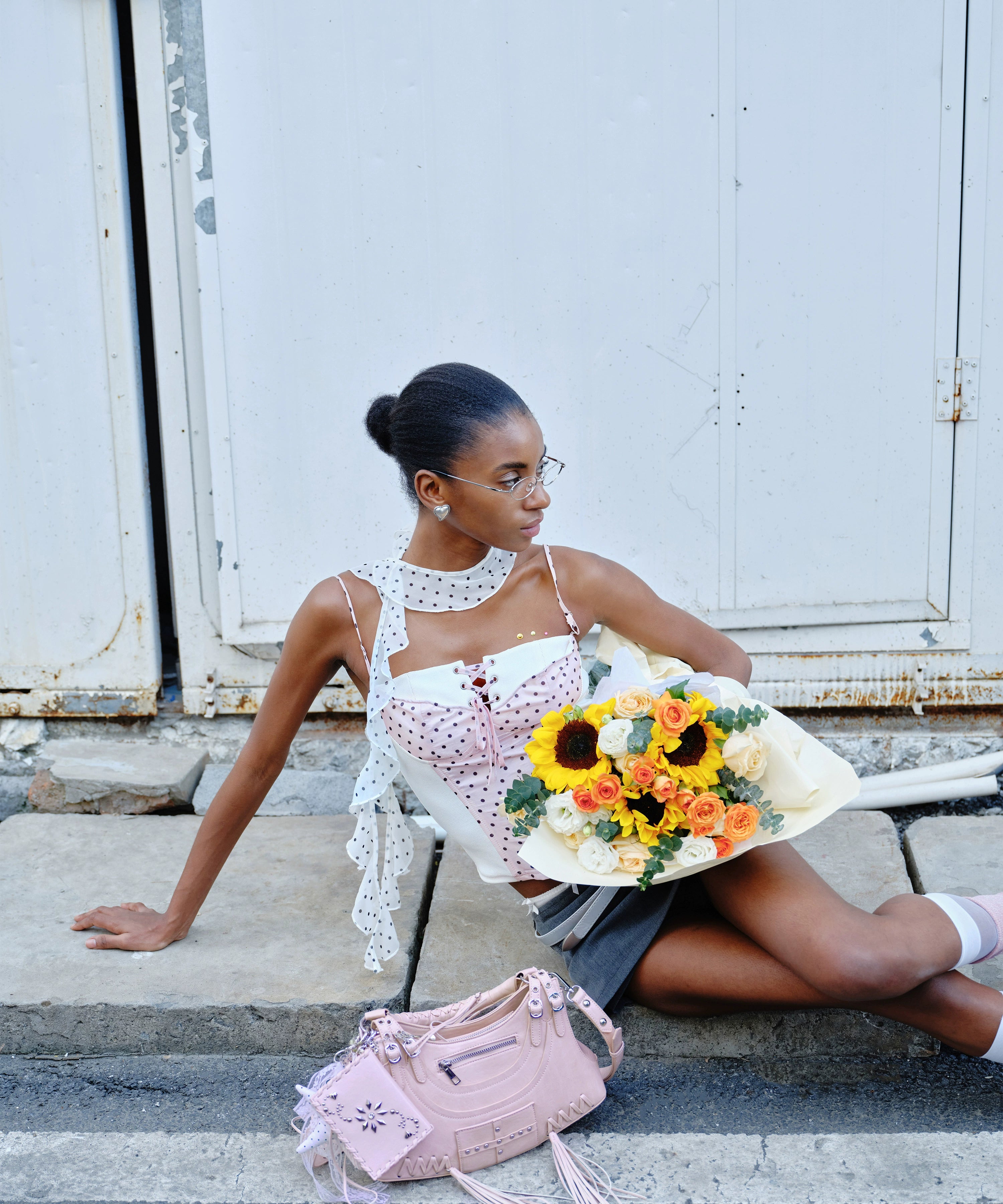 2th Desire复古手工铝丝格纹波点撞色露背绑带吊带背心无袖上衣女