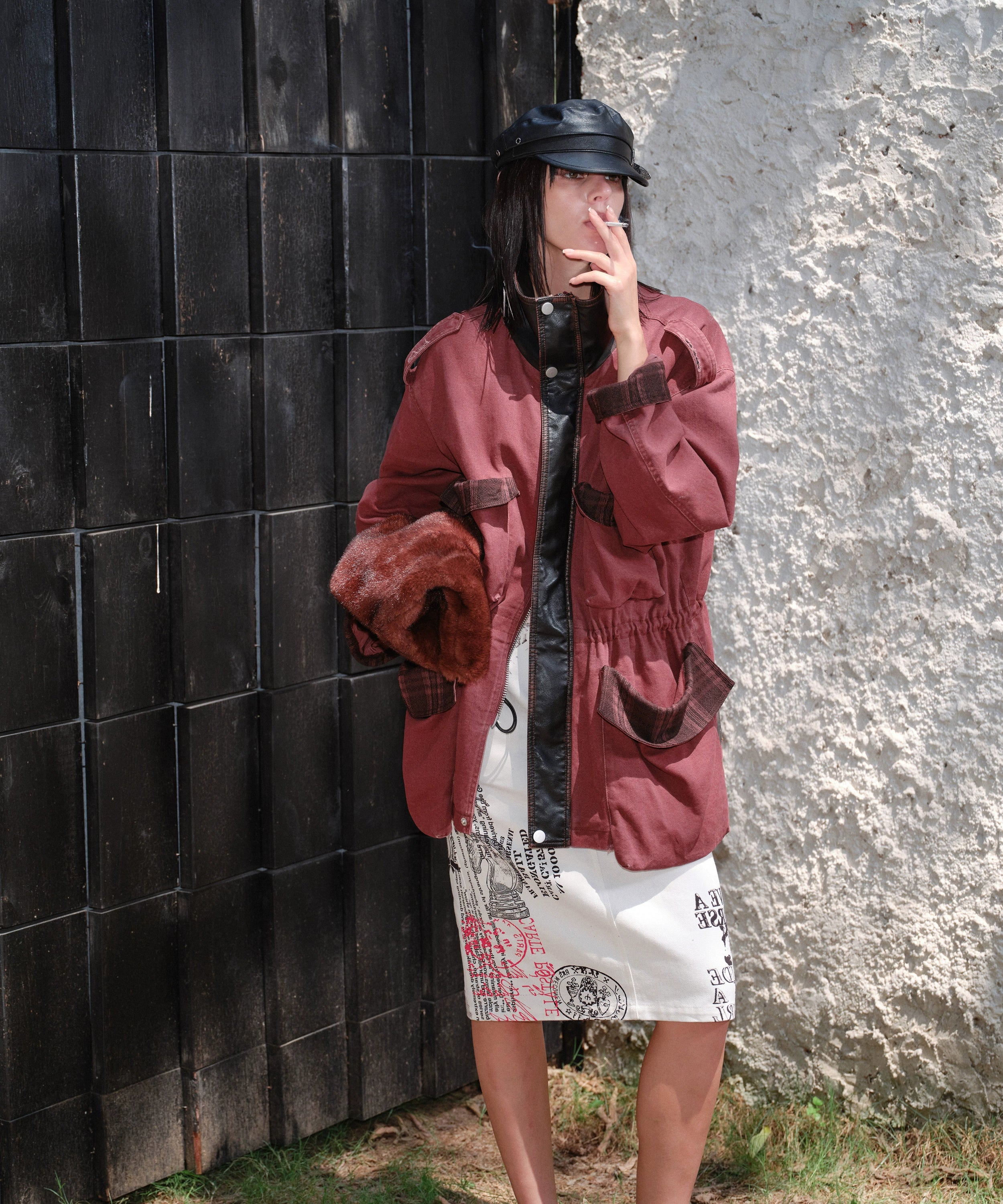 2th Desire重工做旧磨破复古拼色拉链中长款立体口袋工装风衣外套