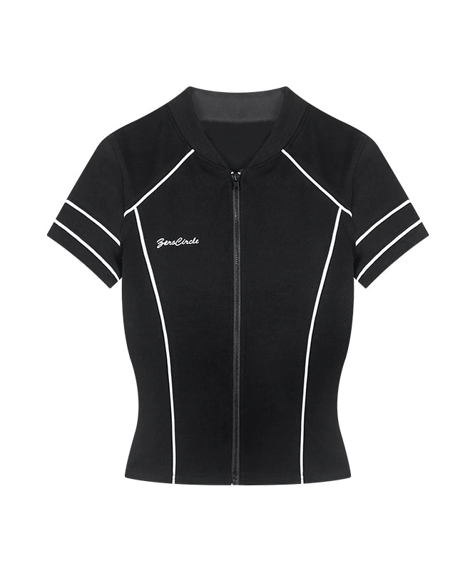 野生zero 黑灰色拉链开衫针织上衣女夏季辣妹修身显瘦正肩短袖t恤