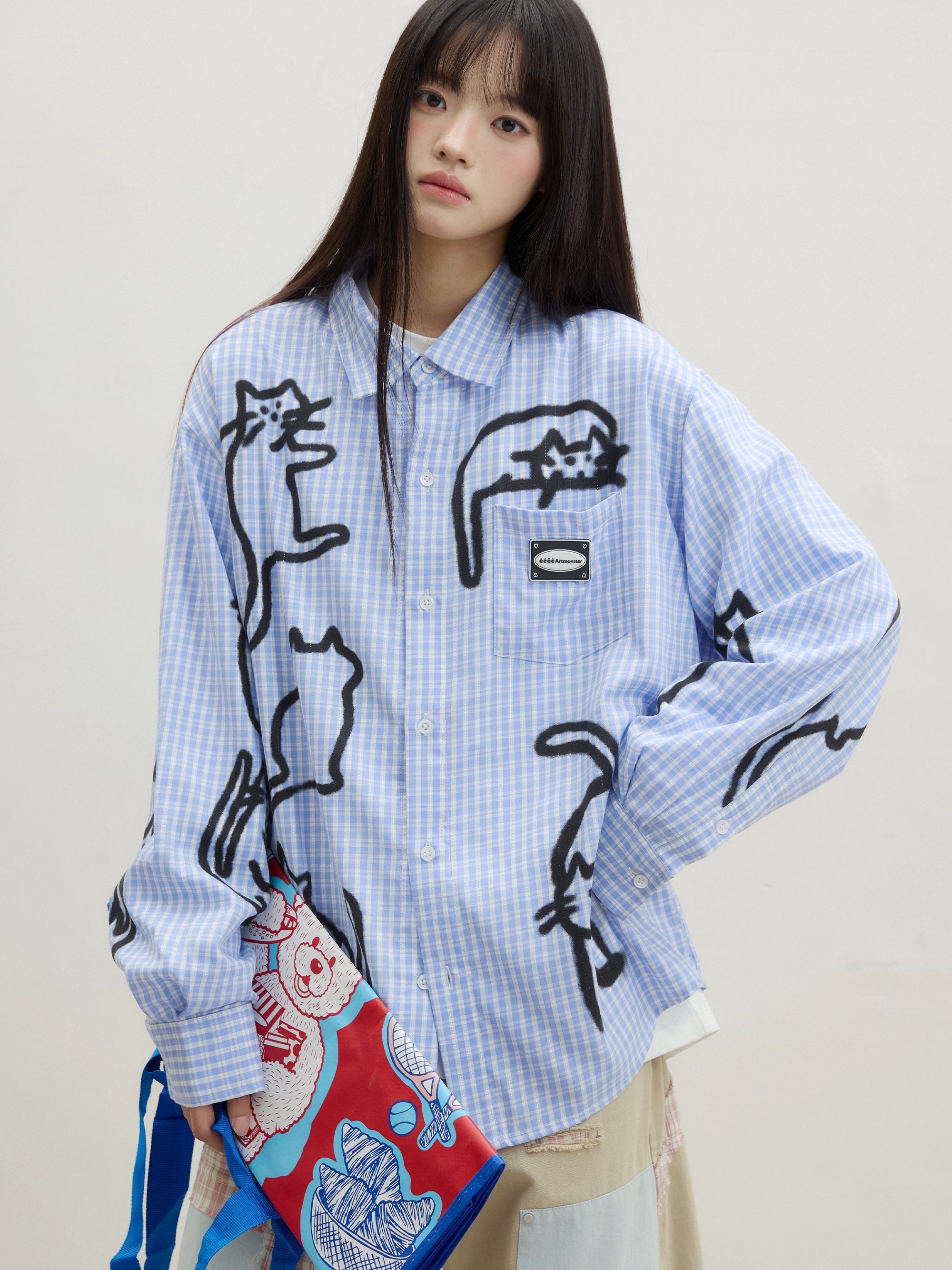 “猫屋”| eeee小众设计师款手绘猫咪涂鸦衬衫蓝色格纹长袖衬衣秋
