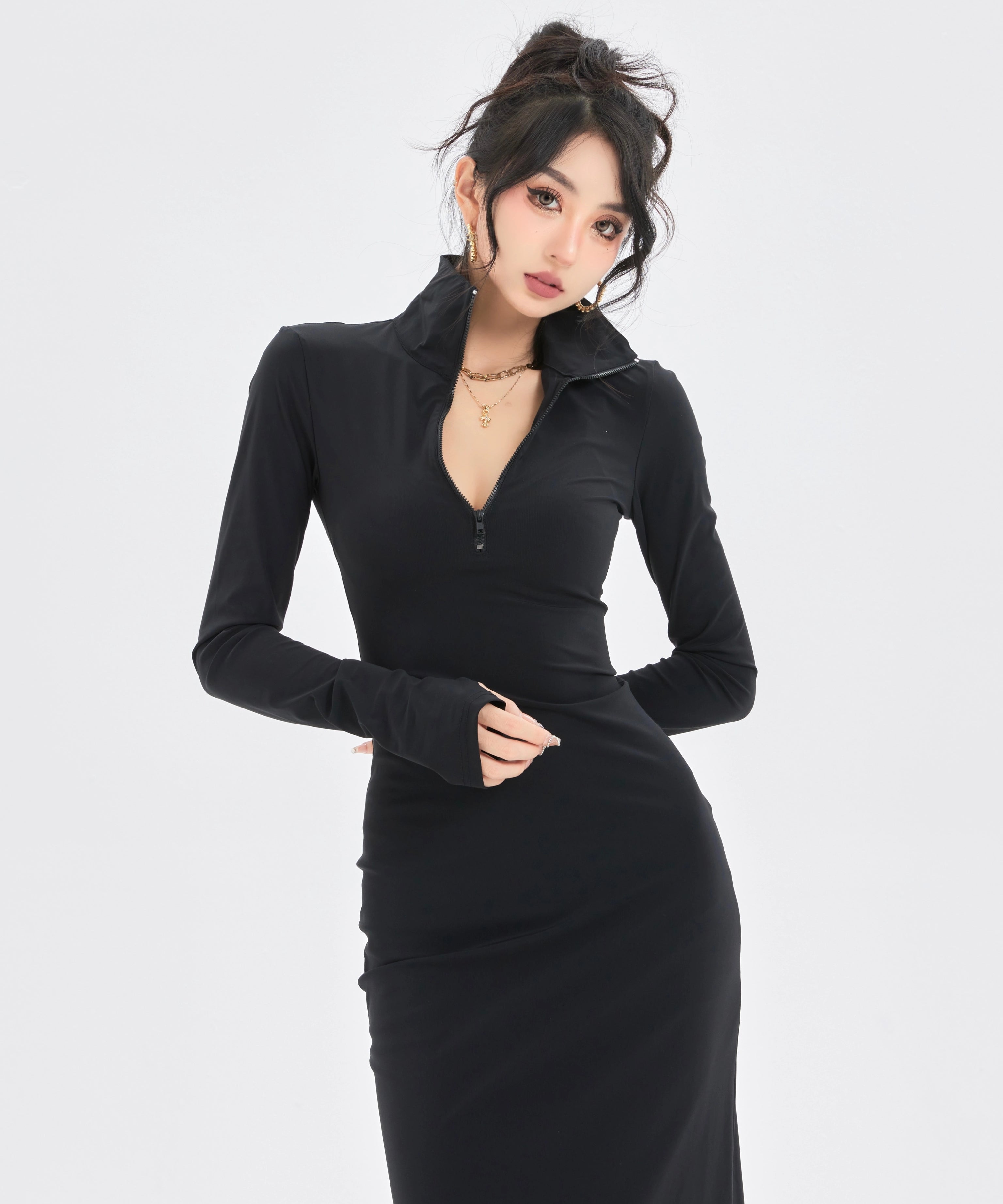 野生zerocircle黑色针织辣妹连衣裙女春收腰紧身包臀开叉中长裙子