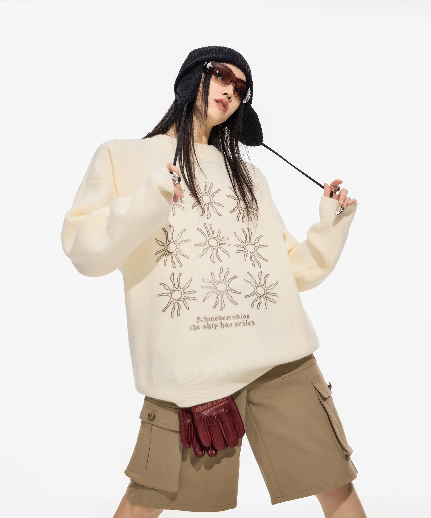 ICH MODE 美式复古太阳花圆领毛衣女秋冬季慵懒高级感长袖针织衫