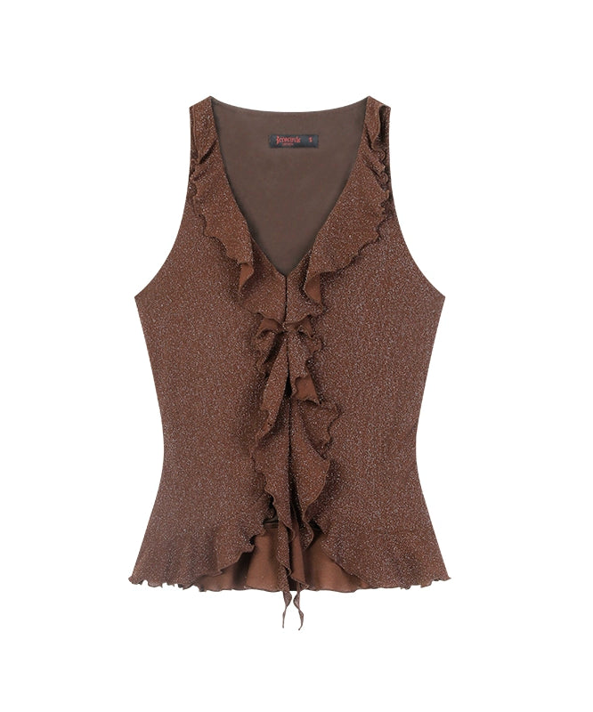 野生zero 辣妹套装裙女夏黑色荷叶边V领无袖背心上衣直筒中长裙子