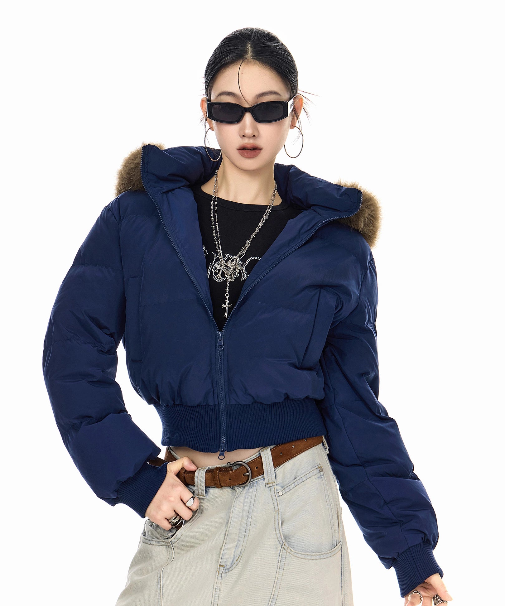 ICH MODE 美式复古大毛领连帽棉服女2025新款秋冬季修身开衫棉袄