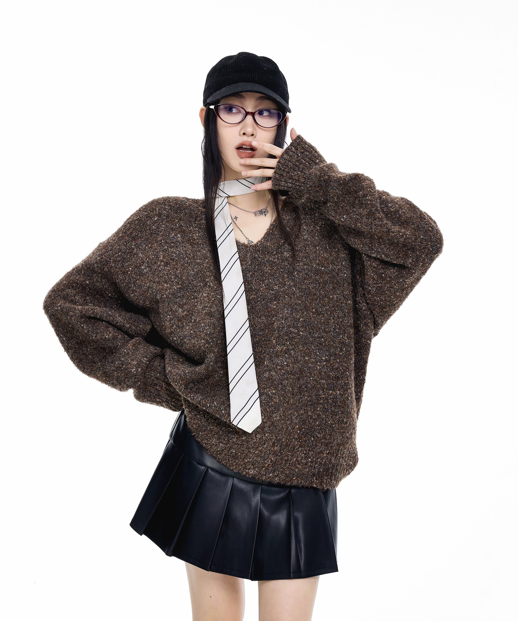 ICH MODE 美式复古V领套头毛衣女秋冬季慵懒宽松针织衫外套高级感