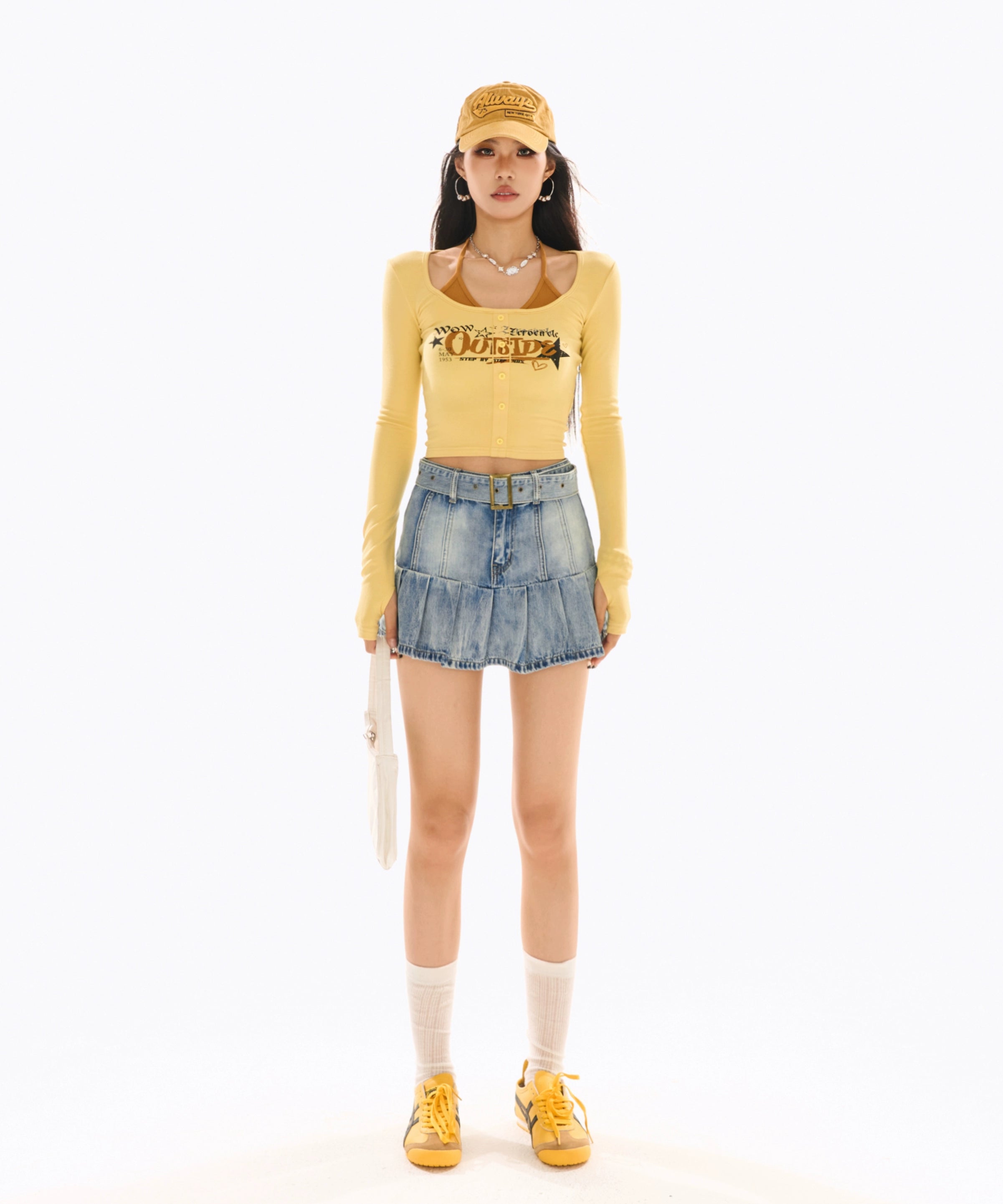 野生zero 撞色正肩长袖t恤女春夏辣妹修身显瘦印花假两件短款上衣