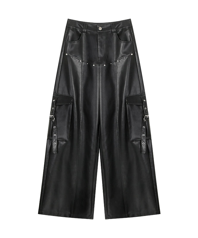 野生zerocircle皮裤女春季设计感宽松显瘦直筒休闲阔腿黑银色裤子