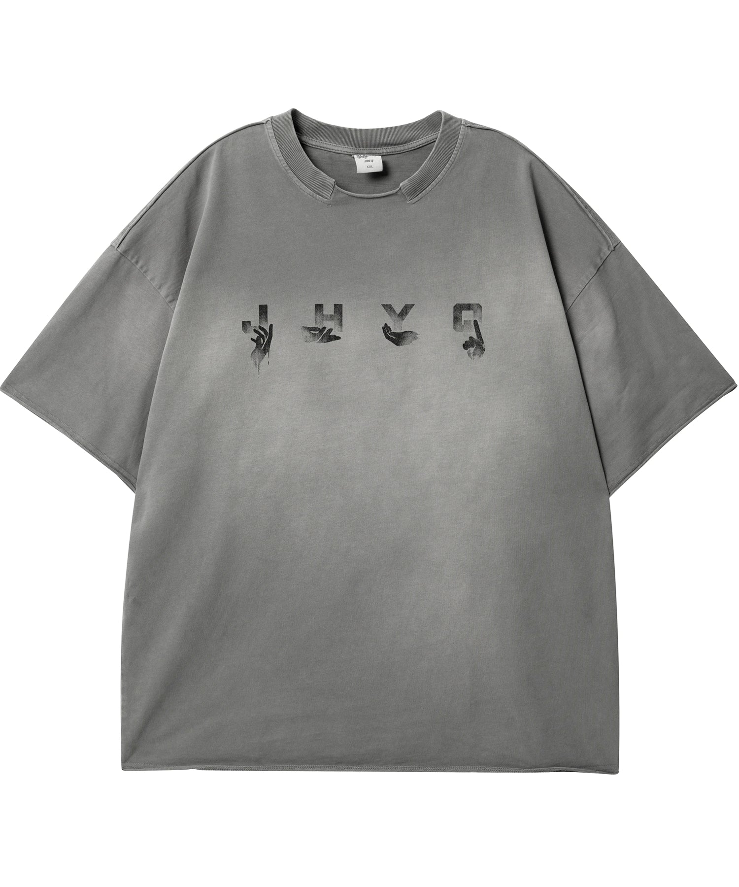 【水洗系列】JHYQ美式做旧创意手势印花落肩双领短袖T恤男夏宽松