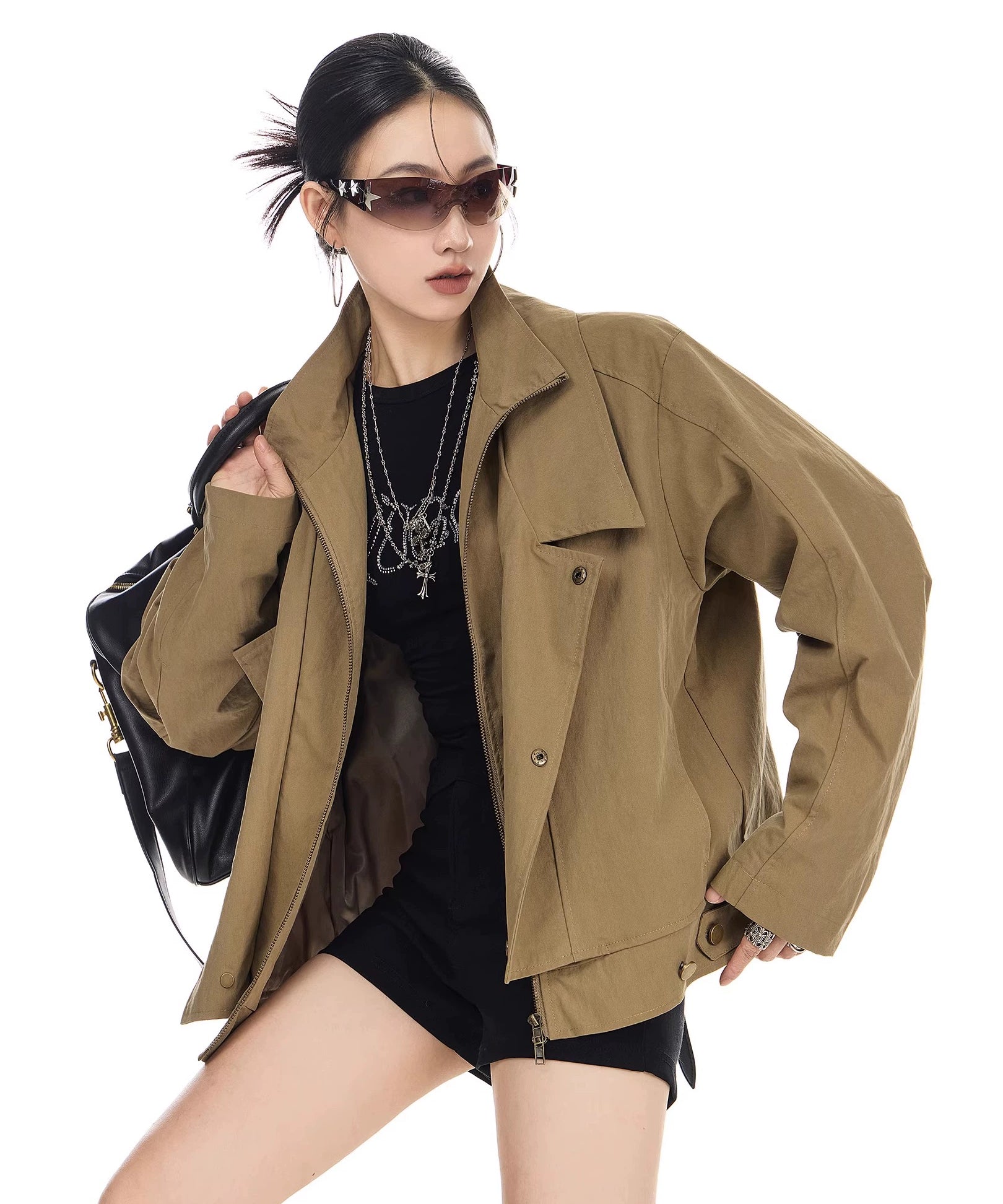 ICH MODE 美式复古假两件短款风衣外套女秋冬巴恩风开衫翻领夹克