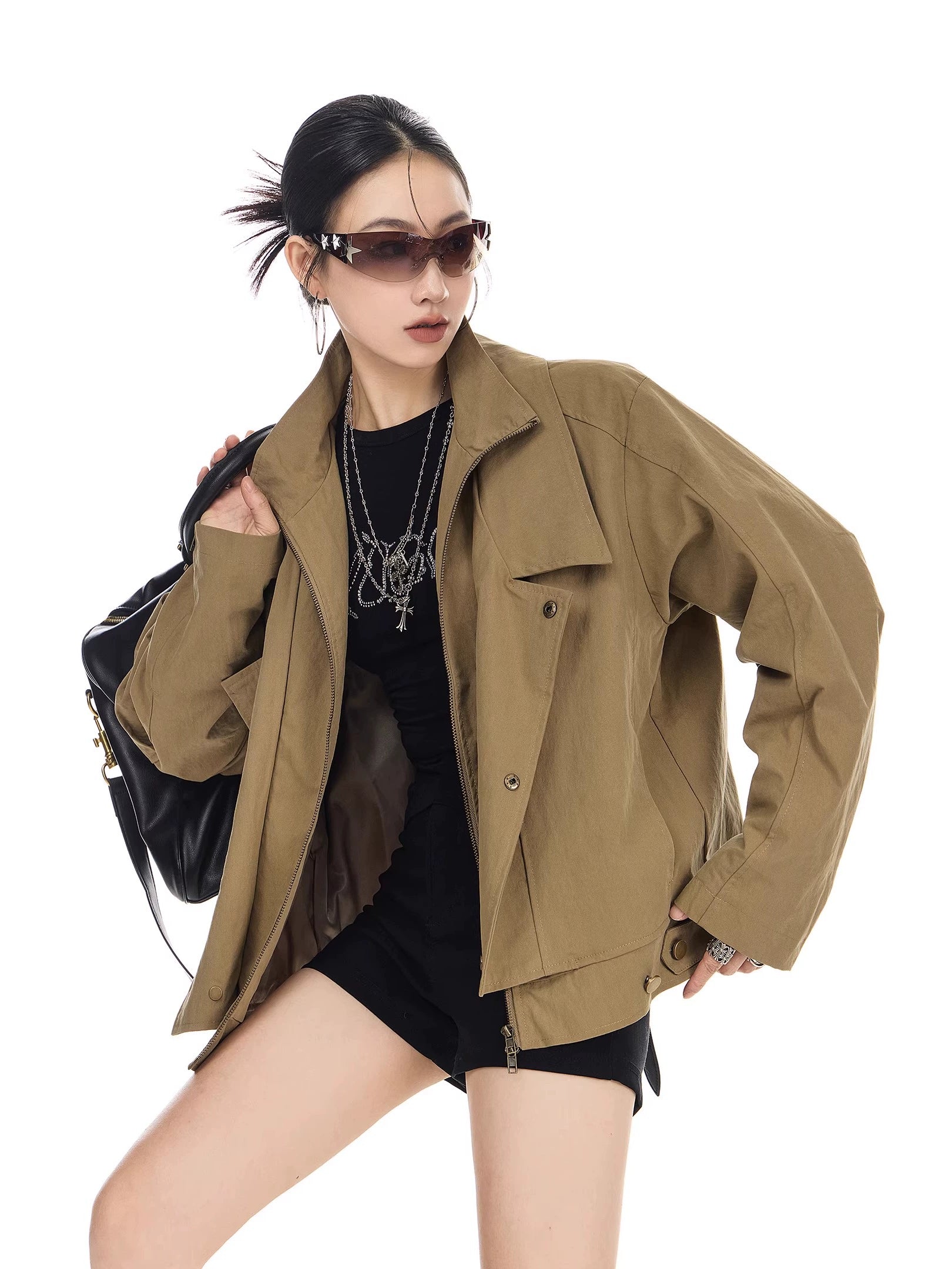 ICH MODE 美式复古假两件短款风衣外套女秋冬巴恩风开衫翻领夹克