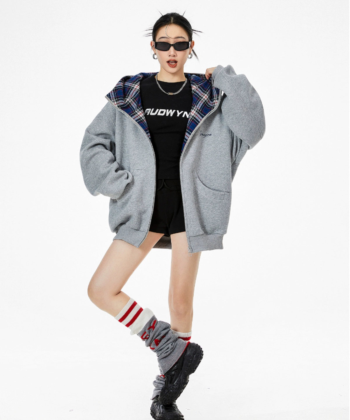 ICH MODE 明星同款 美式格子拼接卫衣外套女秋冬季运动开衫上衣