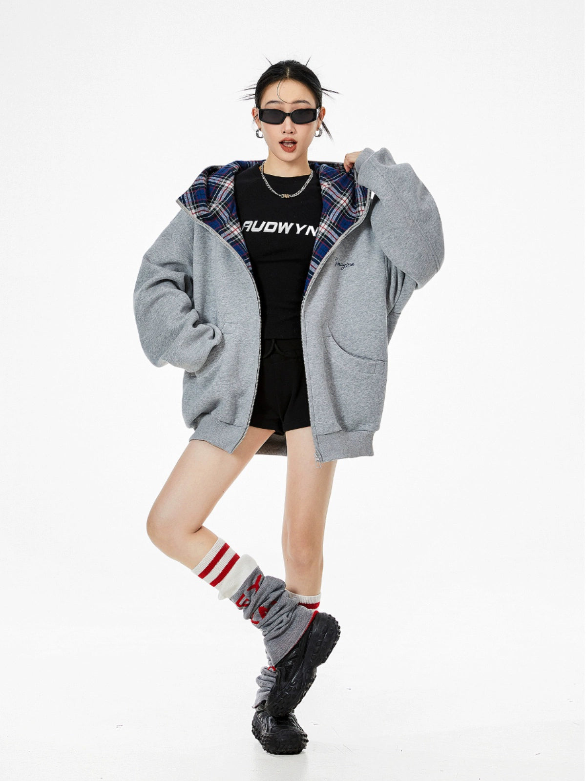 ICH MODE 明星同款 美式格子拼接卫衣外套女秋冬季运动开衫上衣