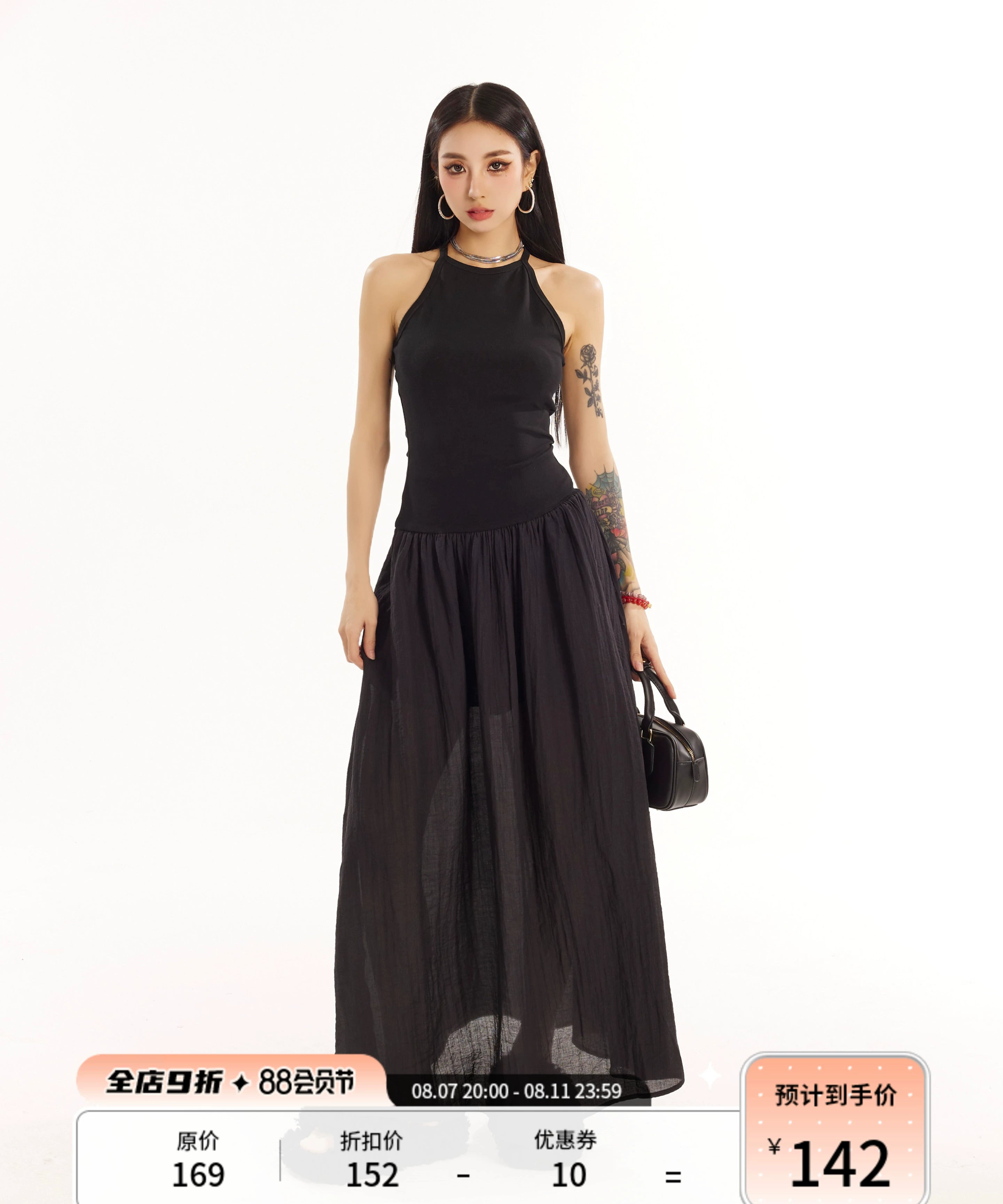 野生zero黑粉色拼接无袖背心连衣裙女春夏季设计感修身显瘦长裙子