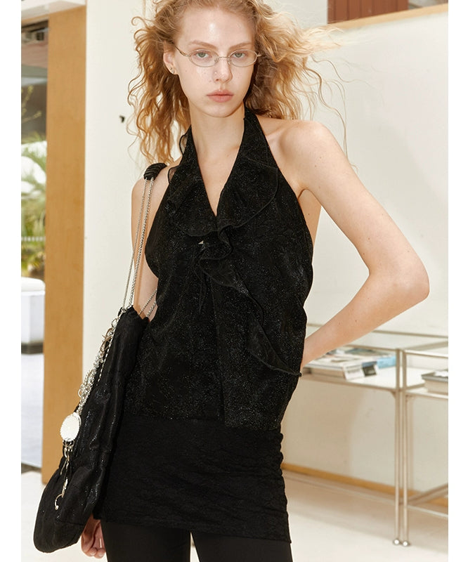 2th Desire荷叶边露背挂脖背心女夏独特宽松吊带无袖辣妹上衣外穿