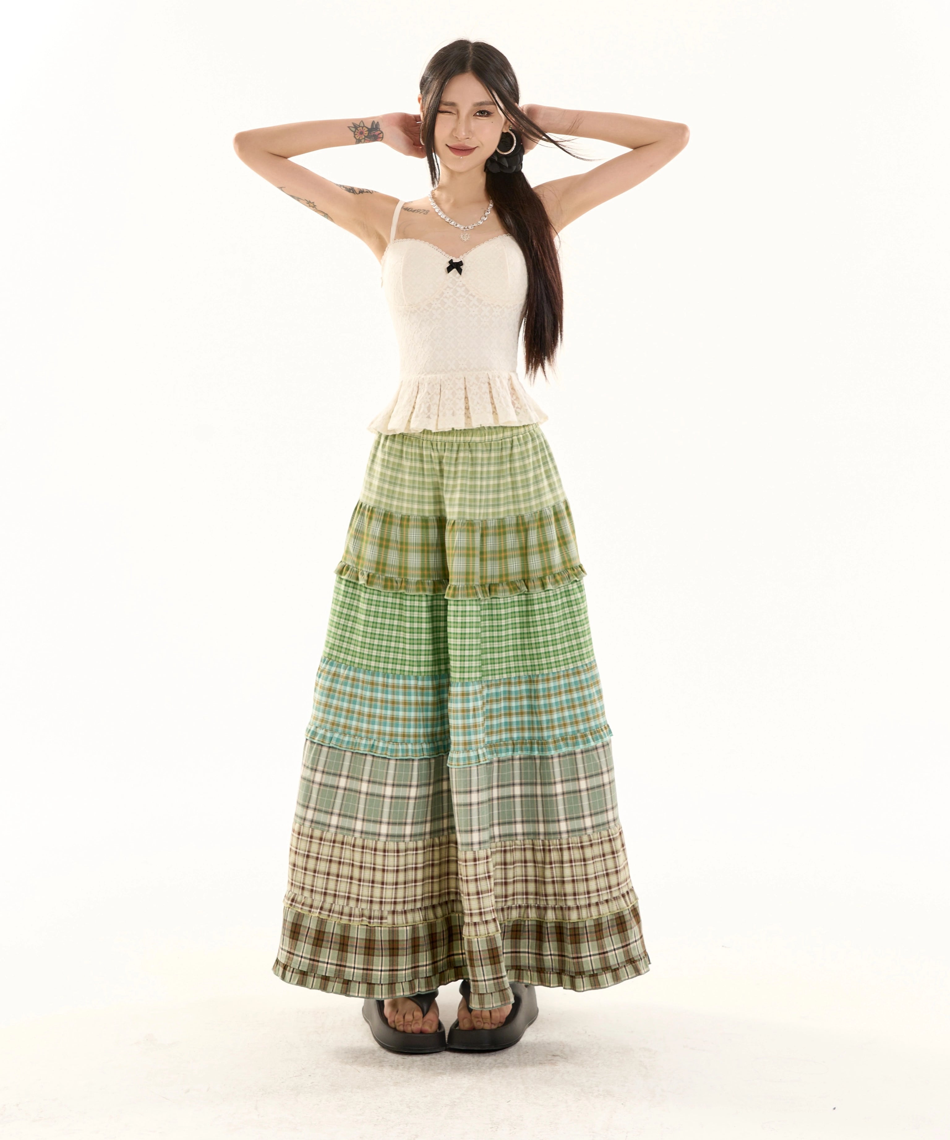 野生zero 彩虹格子长裙女秋季宽松显瘦设计感小众拼接a字海边裙子