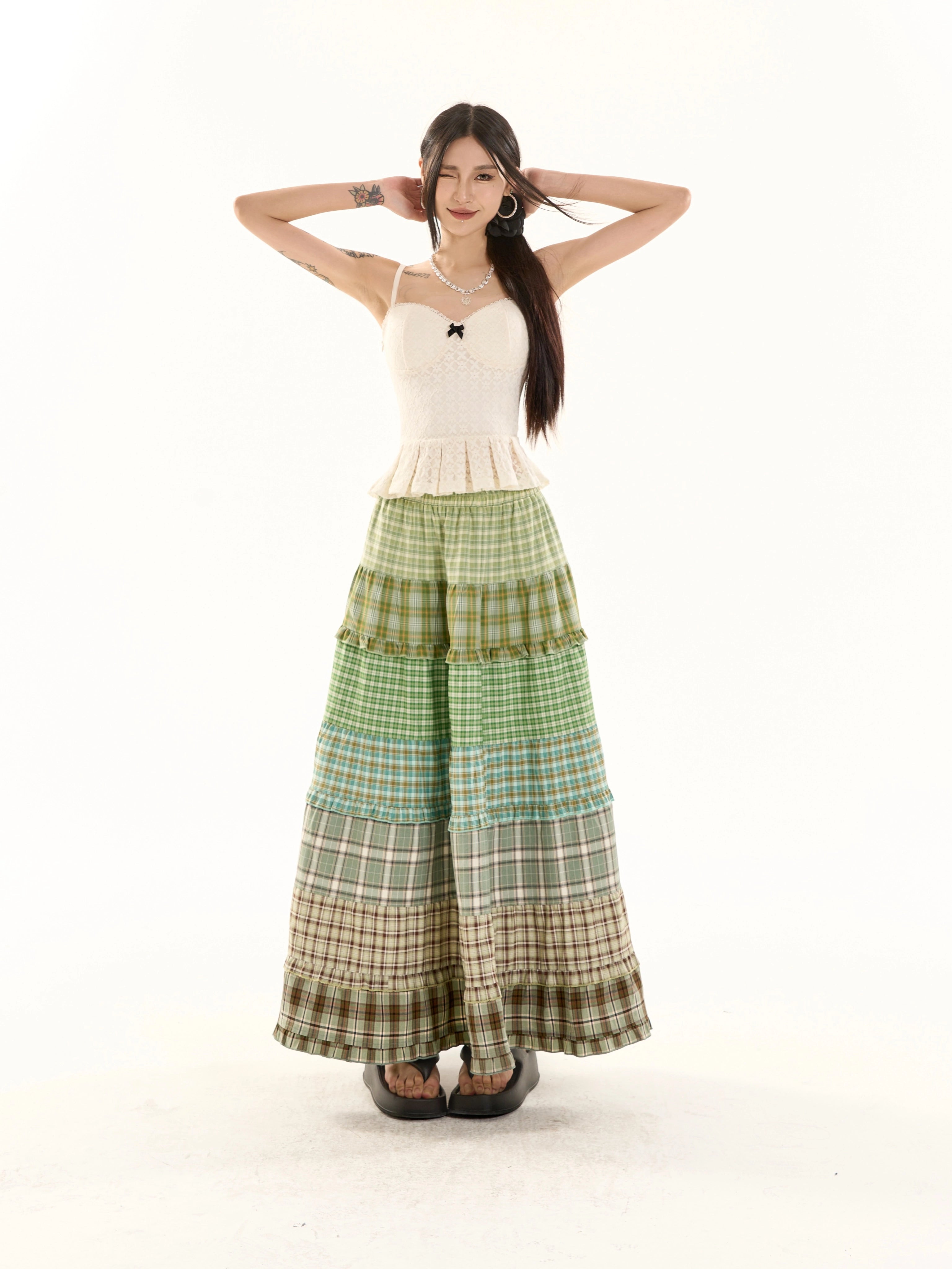 野生zero 彩虹格子长裙女秋季宽松显瘦设计感小众拼接a字海边裙子