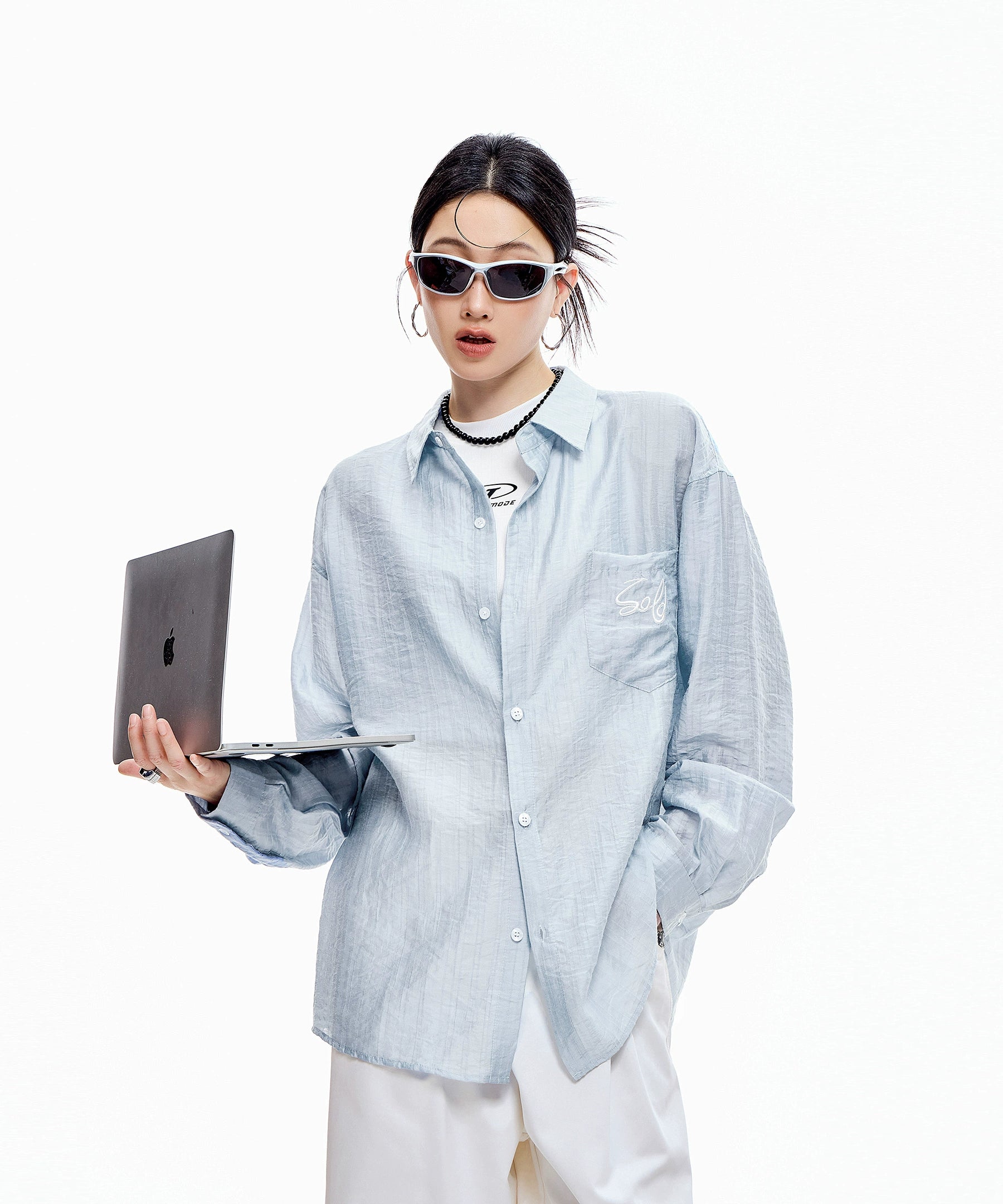 ICH MODE 美式复古刺绣长袖衬衫女夏轻薄物理防晒莱赛尔衬衣外套