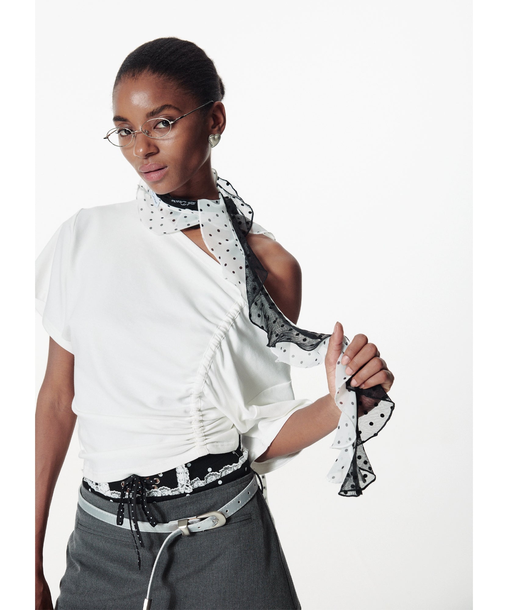 2th Desire透感植绒复古波点百搭荷叶边丝巾夏季网纱小围巾