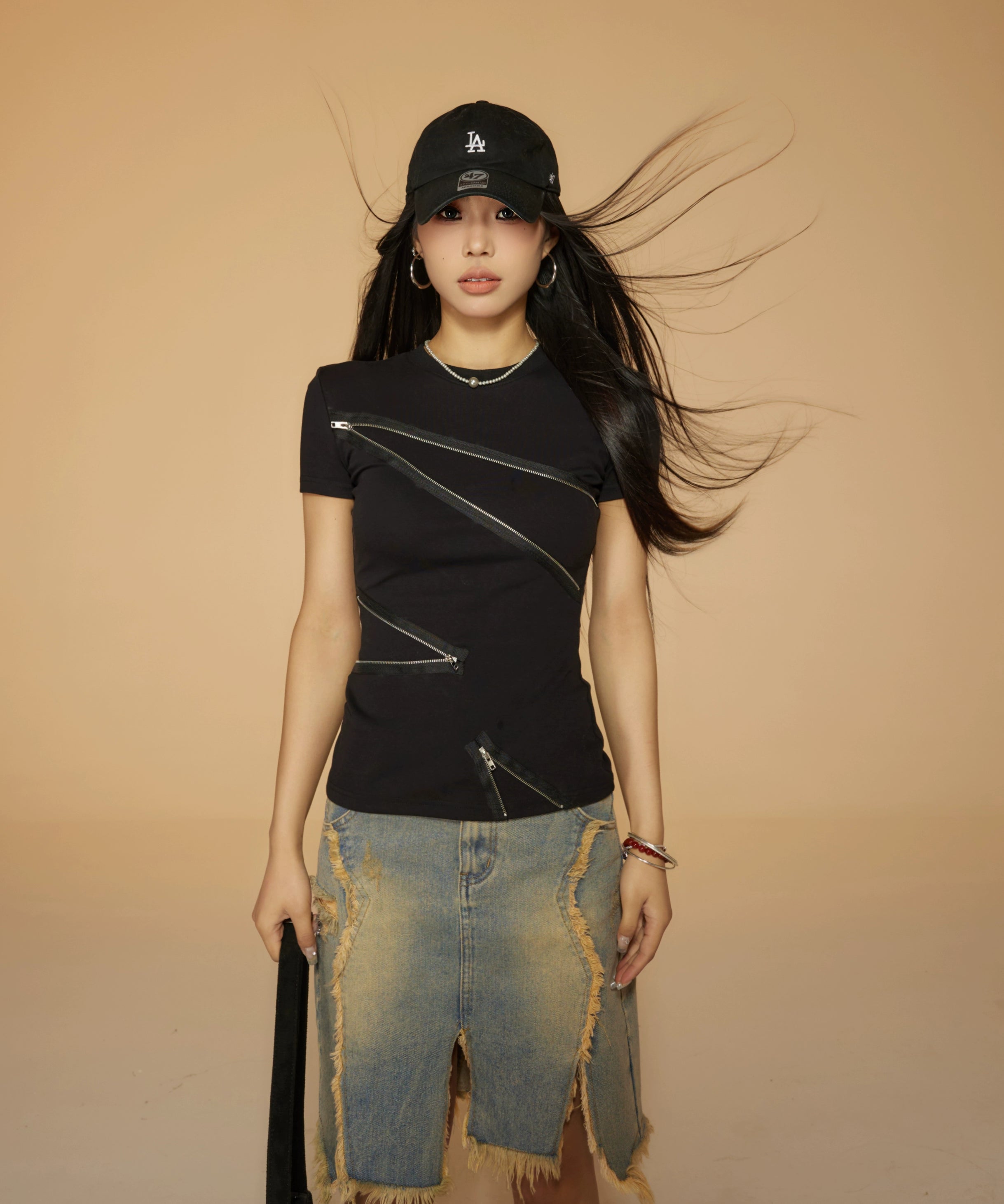 野生zerocircle 黑灰色正肩短袖t恤女夏季辣妹修身设计感拉链上衣