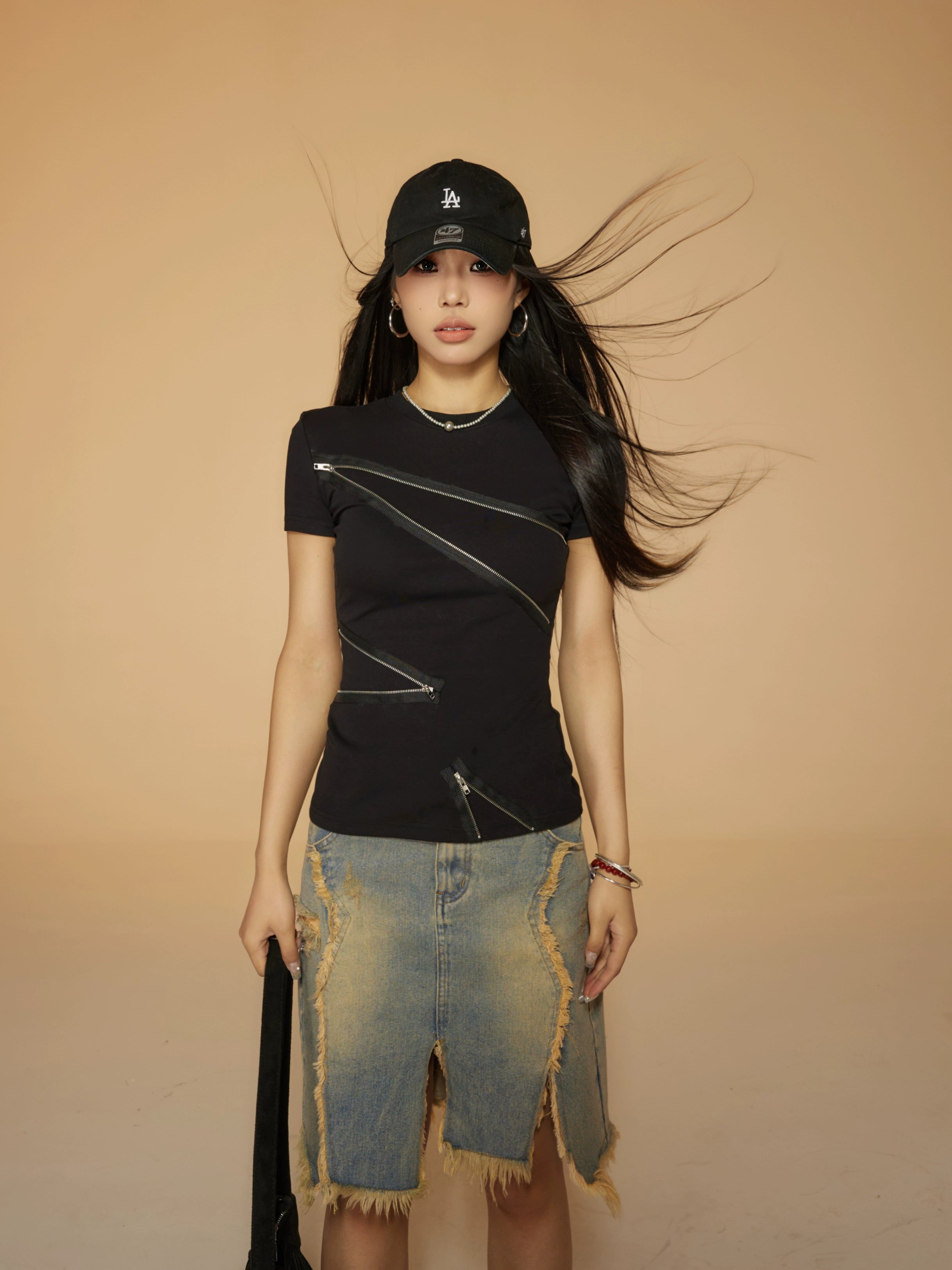 野生zerocircle 黑灰色正肩短袖t恤女夏季辣妹修身设计感拉链上衣