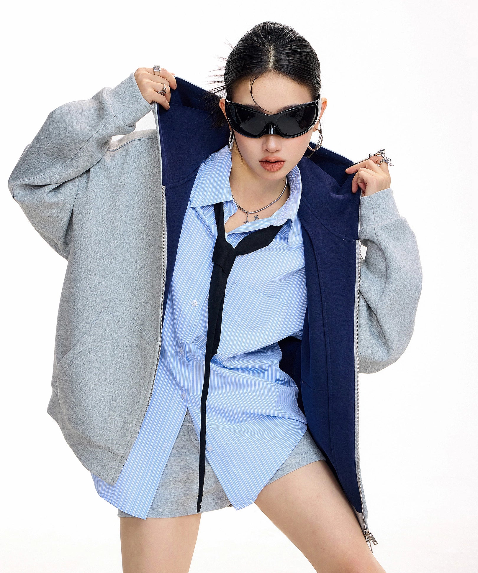 ICH MODE 美式复古开衫卫衣外套女2025新款秋冬宽松撞色连帽上衣