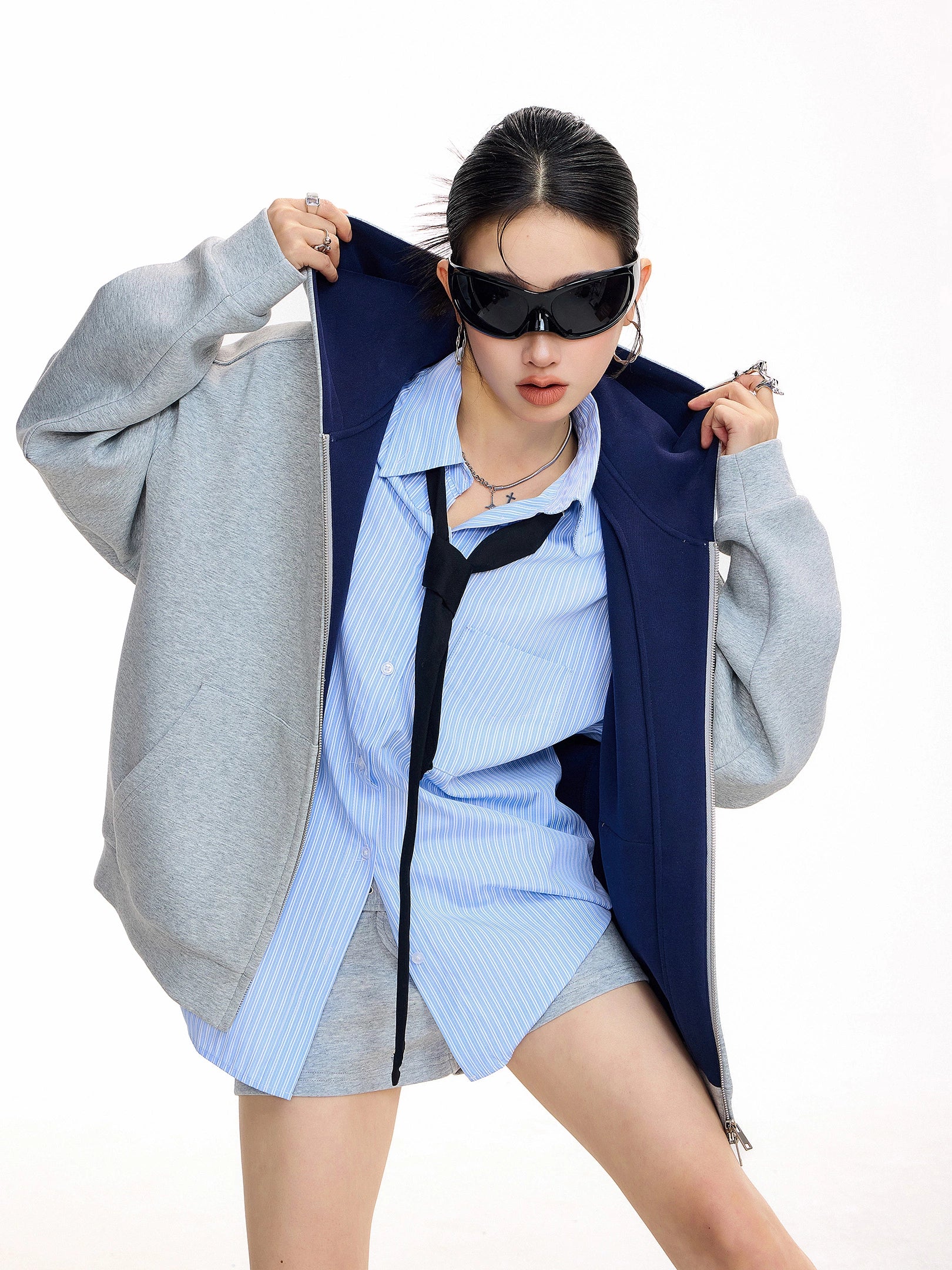 ICH MODE 美式复古开衫卫衣外套女2025新款秋冬宽松撞色连帽上衣