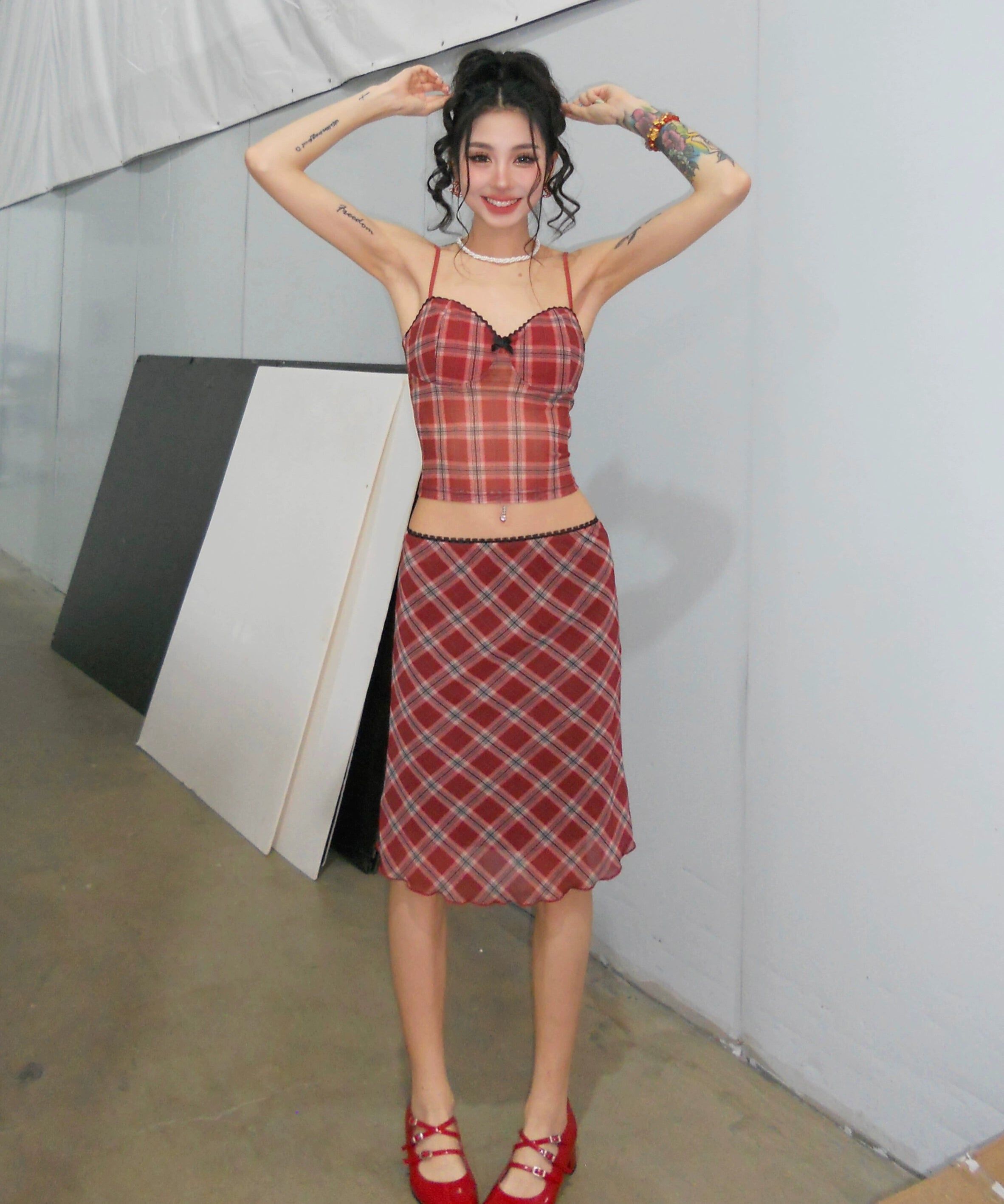 野生zerocircle黑红色格子吊带胸垫背心内搭女春夏季辣妹网纱上衣