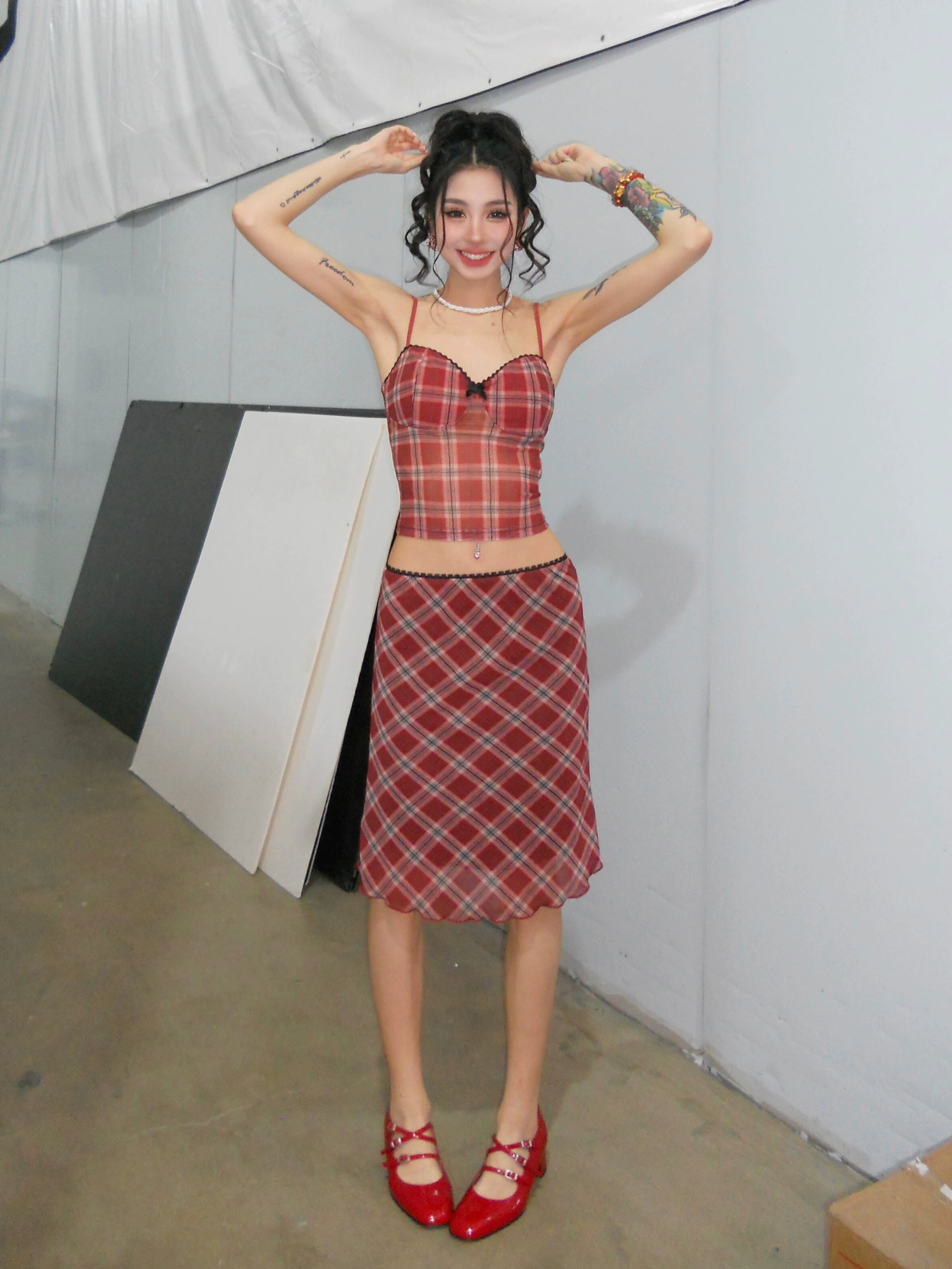 野生zerocircle黑红色格子吊带胸垫背心内搭女春夏季辣妹网纱上衣