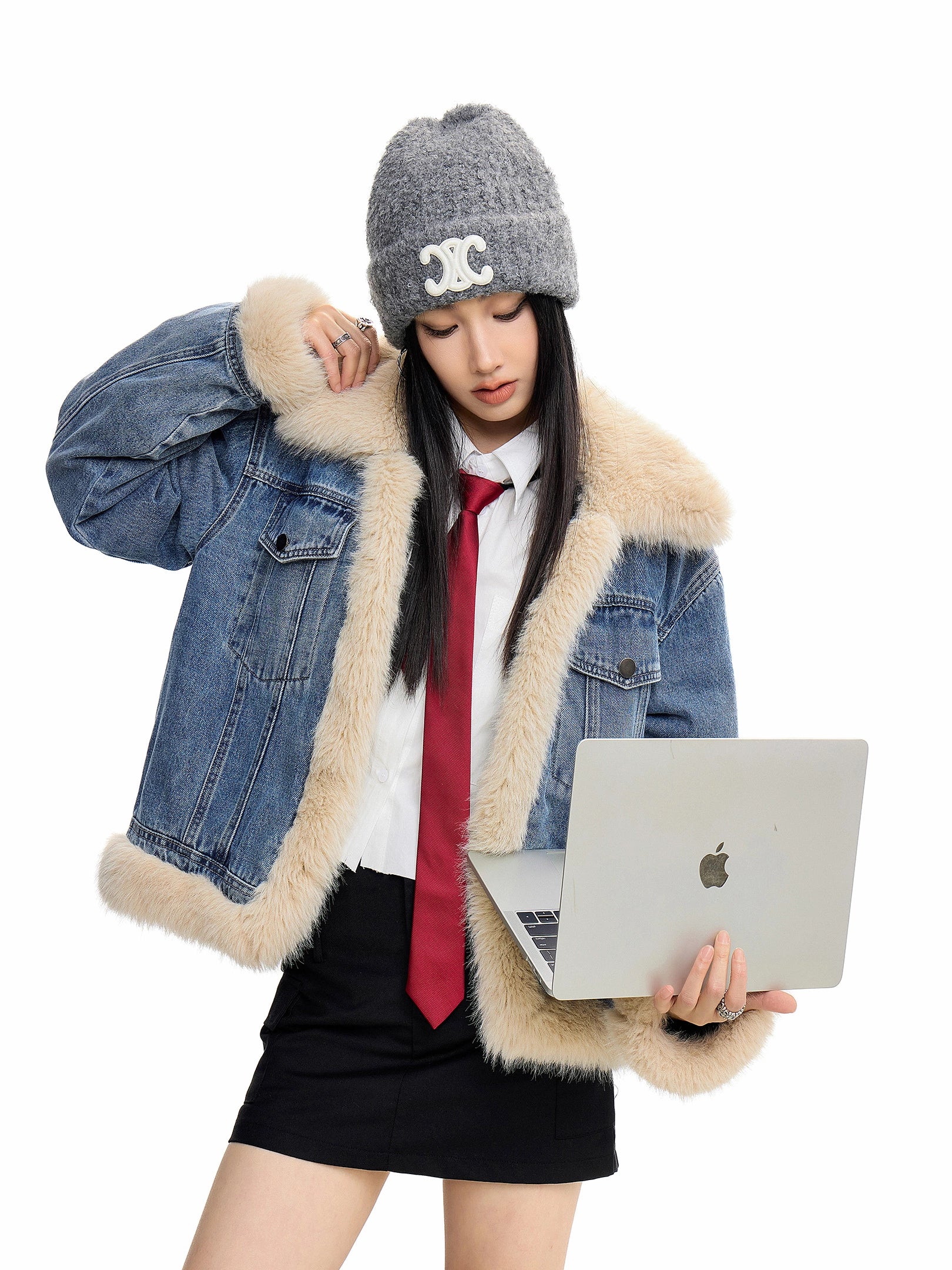 ICH MODE 美式复古短款毛领牛仔外套女秋冬季小香风棉服夹克上衣