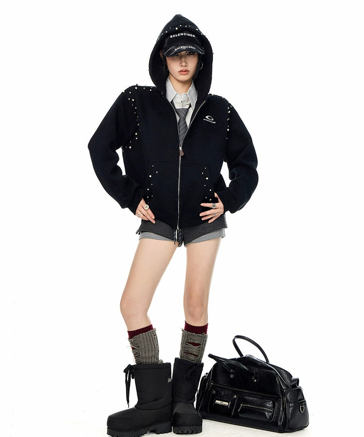 ICH MODE 美式复古珍珠连帽外套女2025新款秋冬宽松卫衣开衫上衣