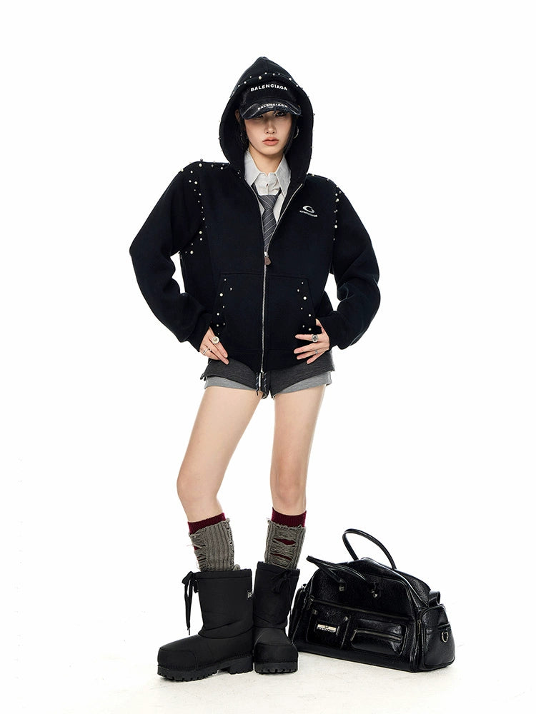 ICH MODE 美式复古珍珠连帽外套女2025新款秋冬宽松卫衣开衫上衣