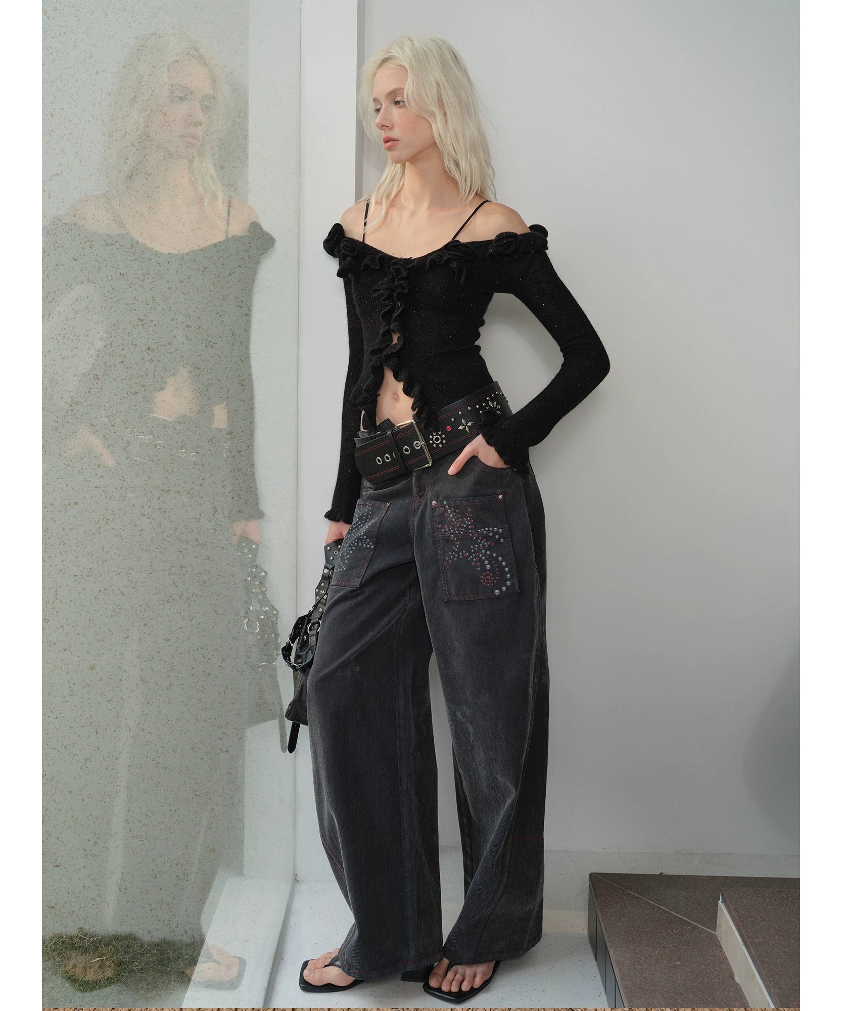 2th Desire复古水洗做旧撞色星星印花植绒廓形弯刀阔腿牛仔裤女