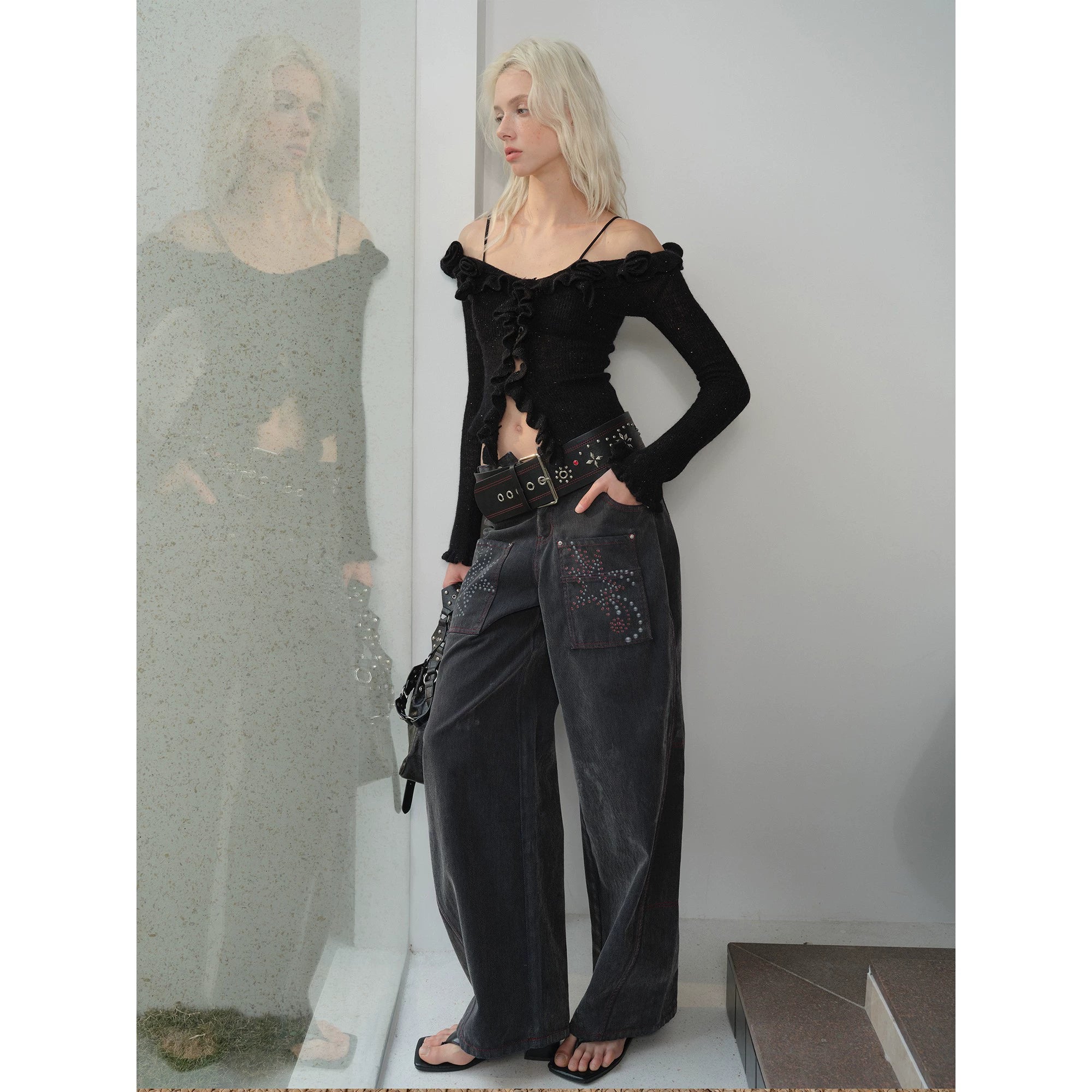 2th Desire复古水洗做旧撞色星星印花植绒廓形弯刀阔腿牛仔裤女