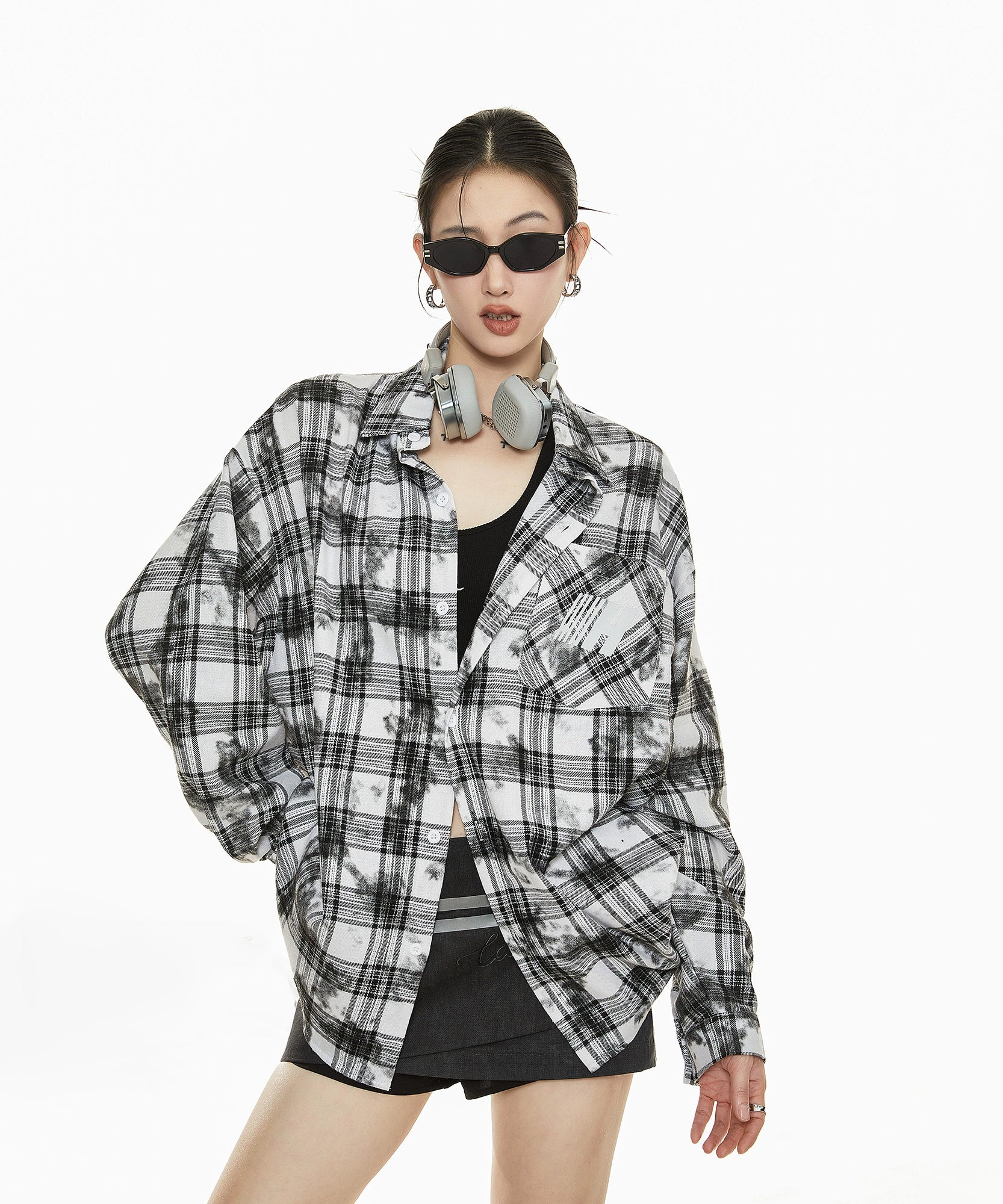 ICH MODE 美式复古格子衬衫女2025年秋冬新款高级感宽松休闲上衣